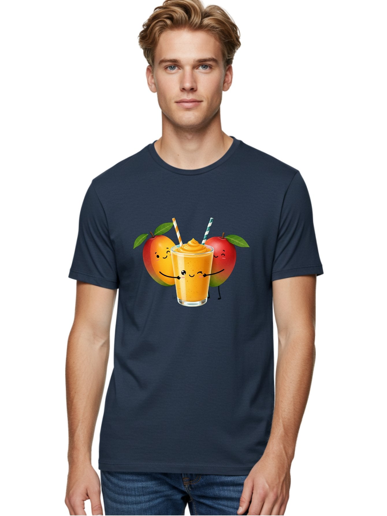 Mango-Apple-Smoothie Men'S Graphic Tee, 100% Cotton, Comfortable Casual Summer Wear, Machine Washable, Mango Smoothie, Apple Characters, Orange Drink, Cartoon Style, Happy Fruits, Smiling Faces, Healthy Beverage, Refreshing Drink, Bac135 16