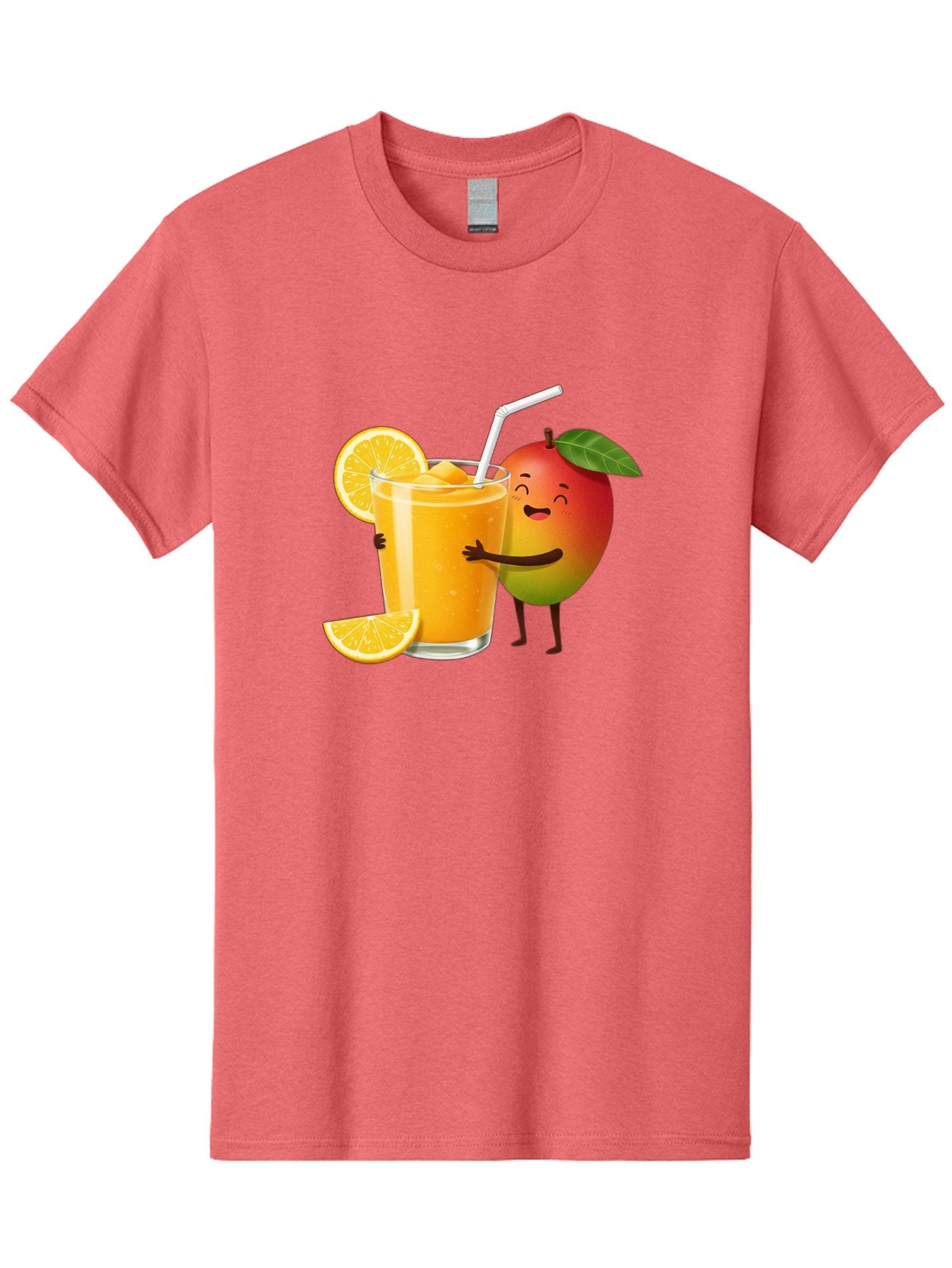 Mango-Character-1 Men'S Graphic Tee, 100% Cotton, Comfortable Casual Summer Wear, Machine Washable, Cartoon Mango, Orange Juice, Happy Fruit, Smiling Character, Juice Glass, Orange Slices, Straw, Vibrant Colors, Playful Illustration, Bac136