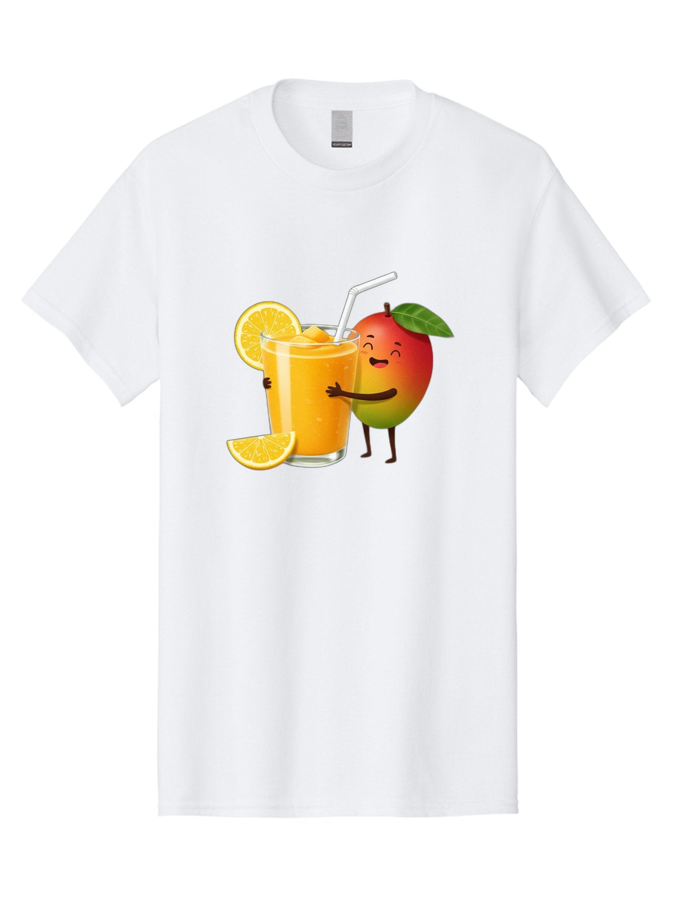 Mango-Character-1 Men'S Graphic Tee, 100% Cotton, Comfortable Casual Summer Wear, Machine Washable, Cartoon Mango, Orange Juice, Happy Fruit, Smiling Character, Juice Glass, Orange Slices, Straw, Vibrant Colors, Playful Illustration, Bac136