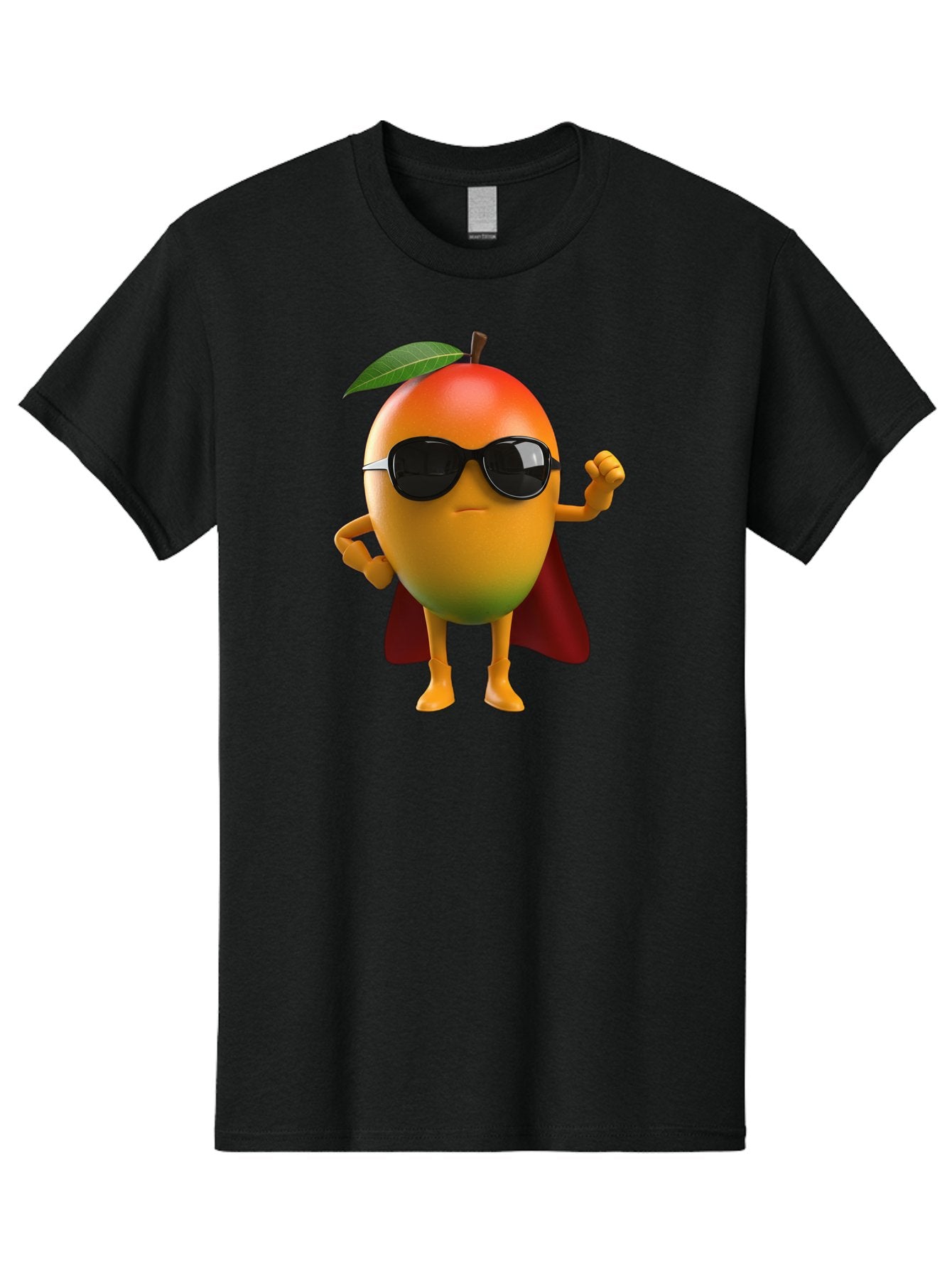 Mango-Character Men'S Graphic Tee, 100% Cotton, Comfortable Casual Summer Wear, Machine Washable, Cartoon Mango Character, Superhero Pose, Sunglasses, Red Cape, Yellow Fruit, Funny Character, Animated Character, Vibrant Colors, Bac137 11