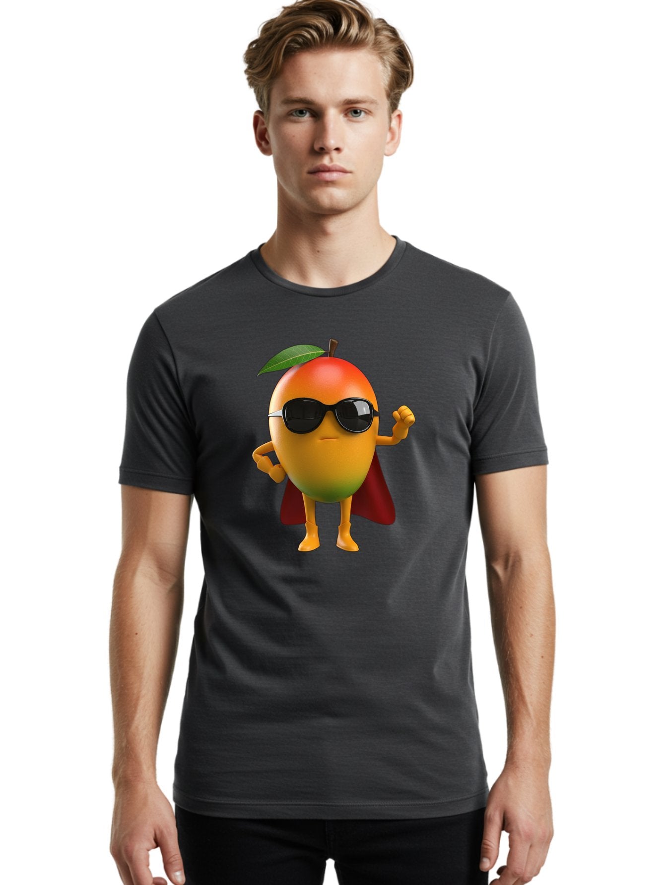 Mango-Character Men'S Graphic Tee, 100% Cotton, Comfortable Casual Summer Wear, Machine Washable, Cartoon Mango Character, Superhero Pose, Sunglasses, Red Cape, Yellow Fruit, Funny Character, Animated Character, Vibrant Colors, Bac137 18
