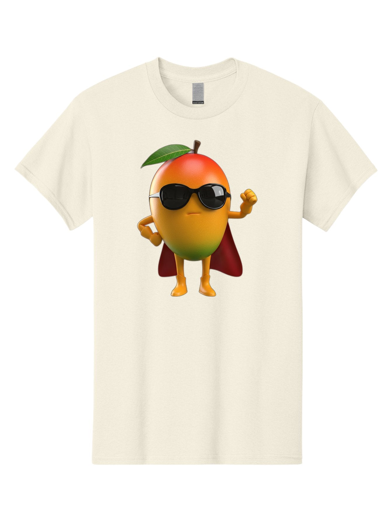 Mango-Character Men'S Graphic Tee, 100% Cotton, Comfortable Casual Summer Wear, Machine Washable, Cartoon Mango Character, Superhero Pose, Sunglasses, Red Cape, Yellow Fruit, Funny Character, Animated Character, Vibrant Colors, Bac137