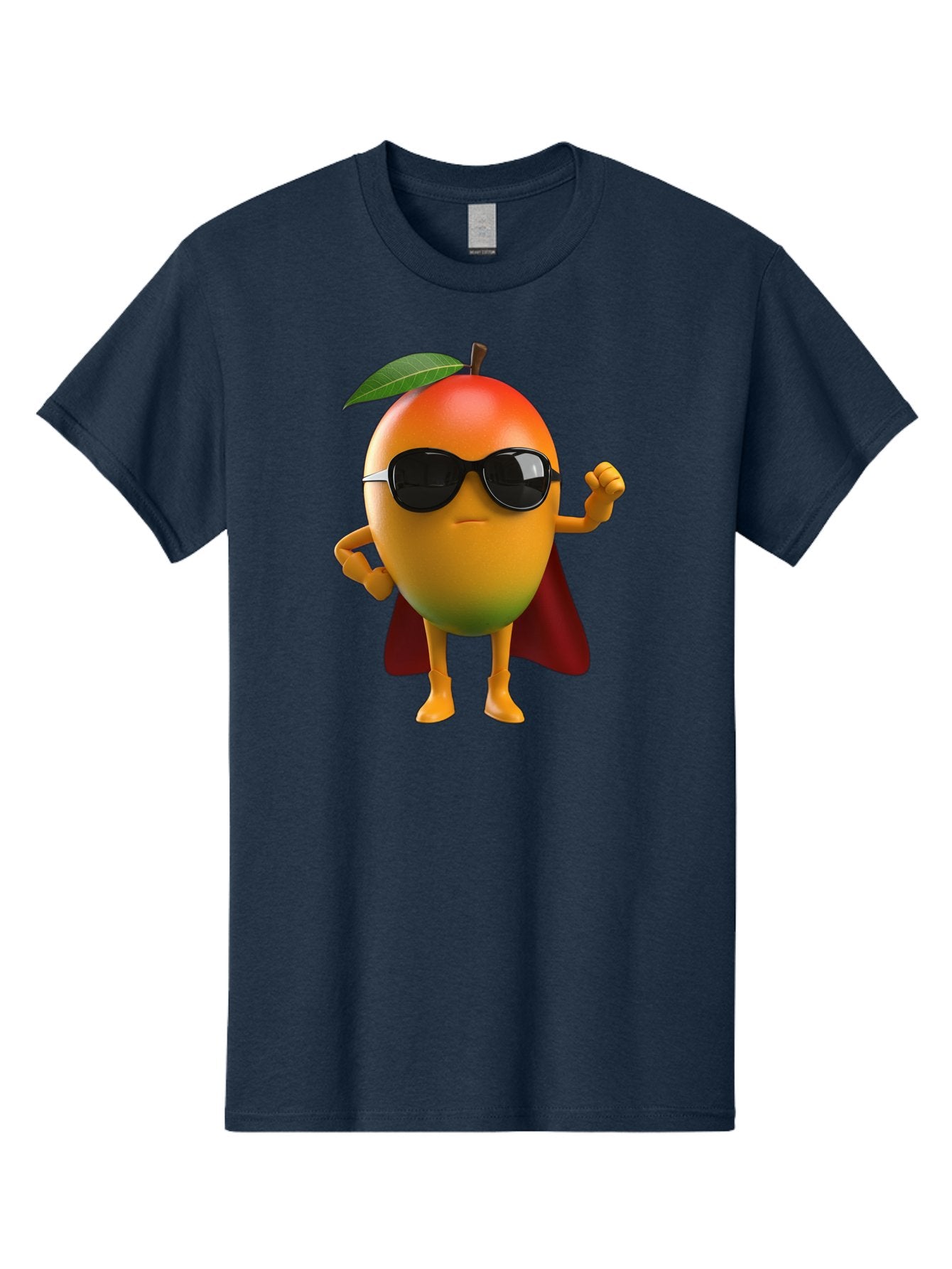 Mango-Character Men'S Graphic Tee, 100% Cotton, Comfortable Casual Summer Wear, Machine Washable, Cartoon Mango Character, Superhero Pose, Sunglasses, Red Cape, Yellow Fruit, Funny Character, Animated Character, Vibrant Colors, Bac137 7
