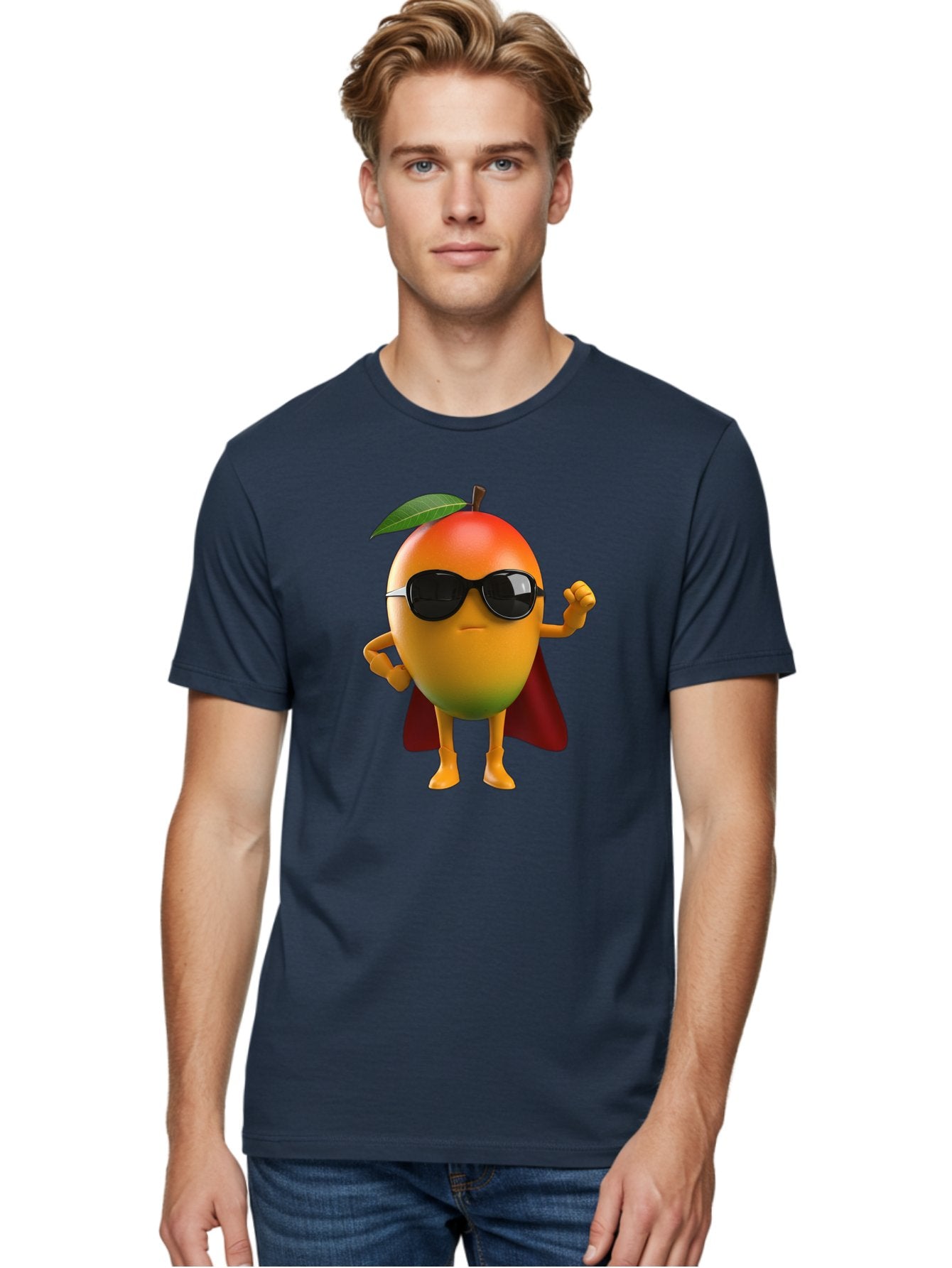 Mango-Character Men'S Graphic Tee, 100% Cotton, Comfortable Casual Summer Wear, Machine Washable, Cartoon Mango Character, Superhero Pose, Sunglasses, Red Cape, Yellow Fruit, Funny Character, Animated Character, Vibrant Colors, Bac137 16