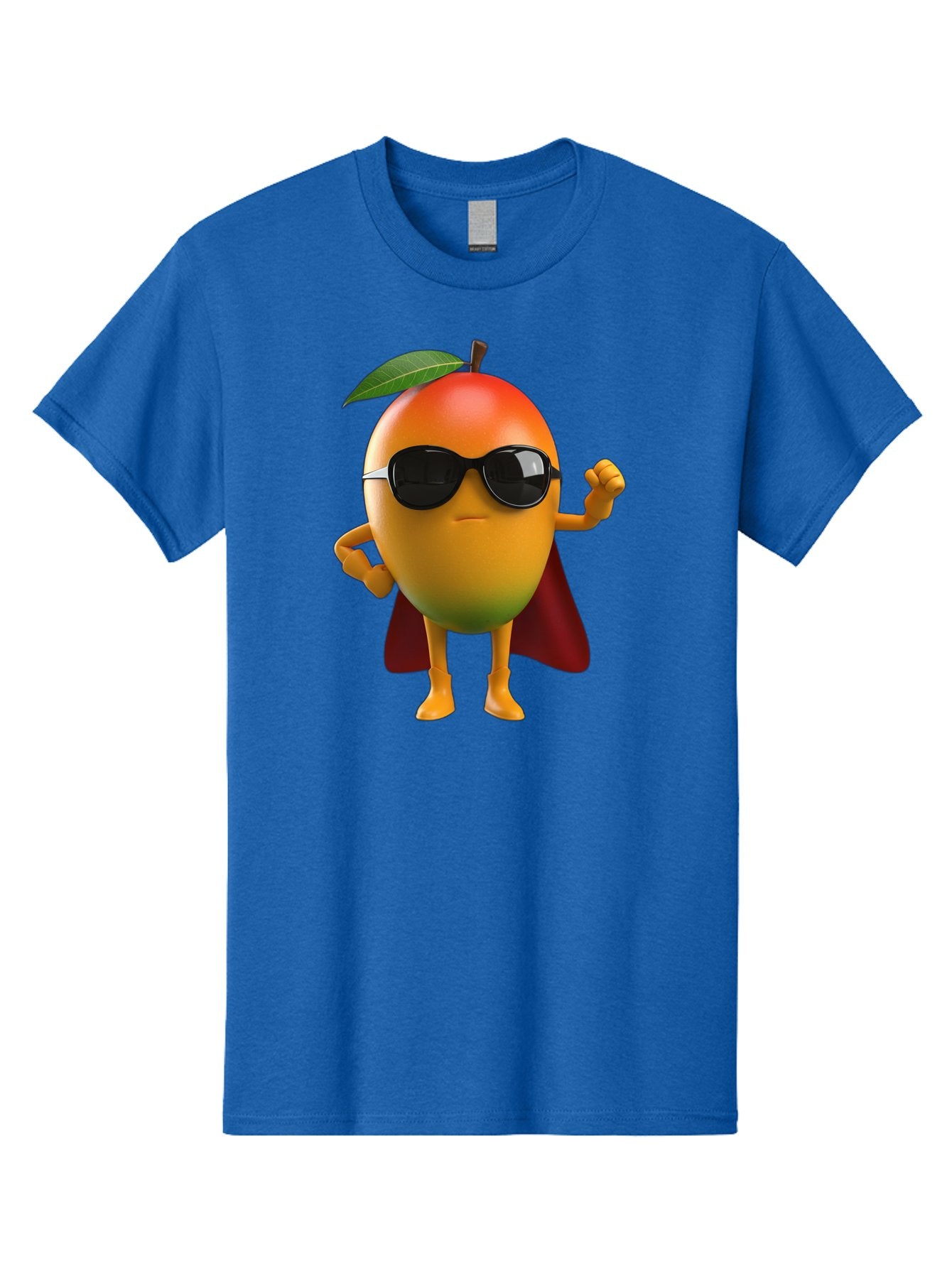 Mango-Character Men'S Graphic Tee, 100% Cotton, Comfortable Casual Summer Wear, Machine Washable, Cartoon Mango Character, Superhero Pose, Sunglasses, Red Cape, Yellow Fruit, Funny Character, Animated Character, Vibrant Colors, Bac137 6