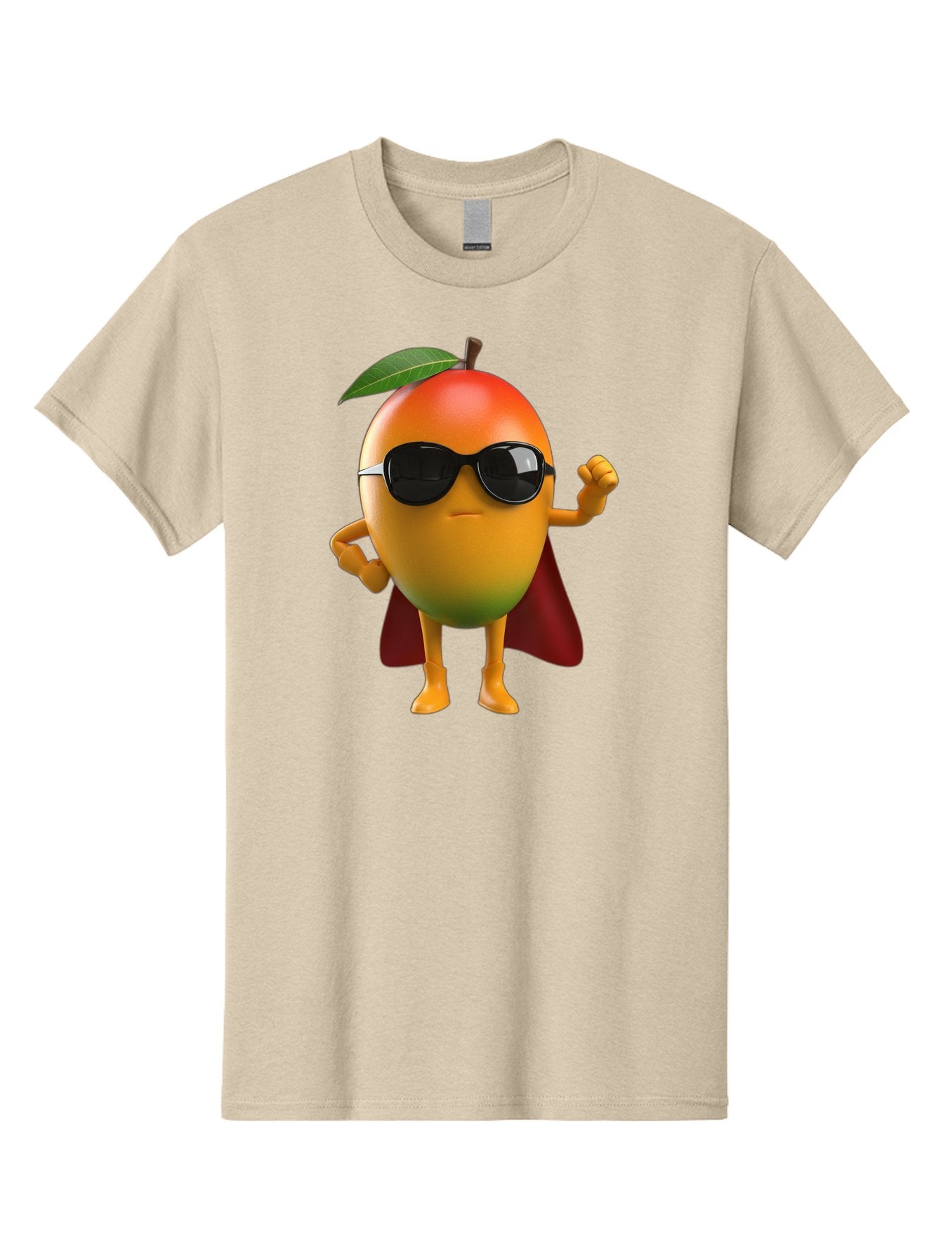 Mango-Character Men'S Graphic Tee, 100% Cotton, Comfortable Casual Summer Wear, Machine Washable, Cartoon Mango Character, Superhero Pose, Sunglasses, Red Cape, Yellow Fruit, Funny Character, Animated Character, Vibrant Colors, Bac137 8