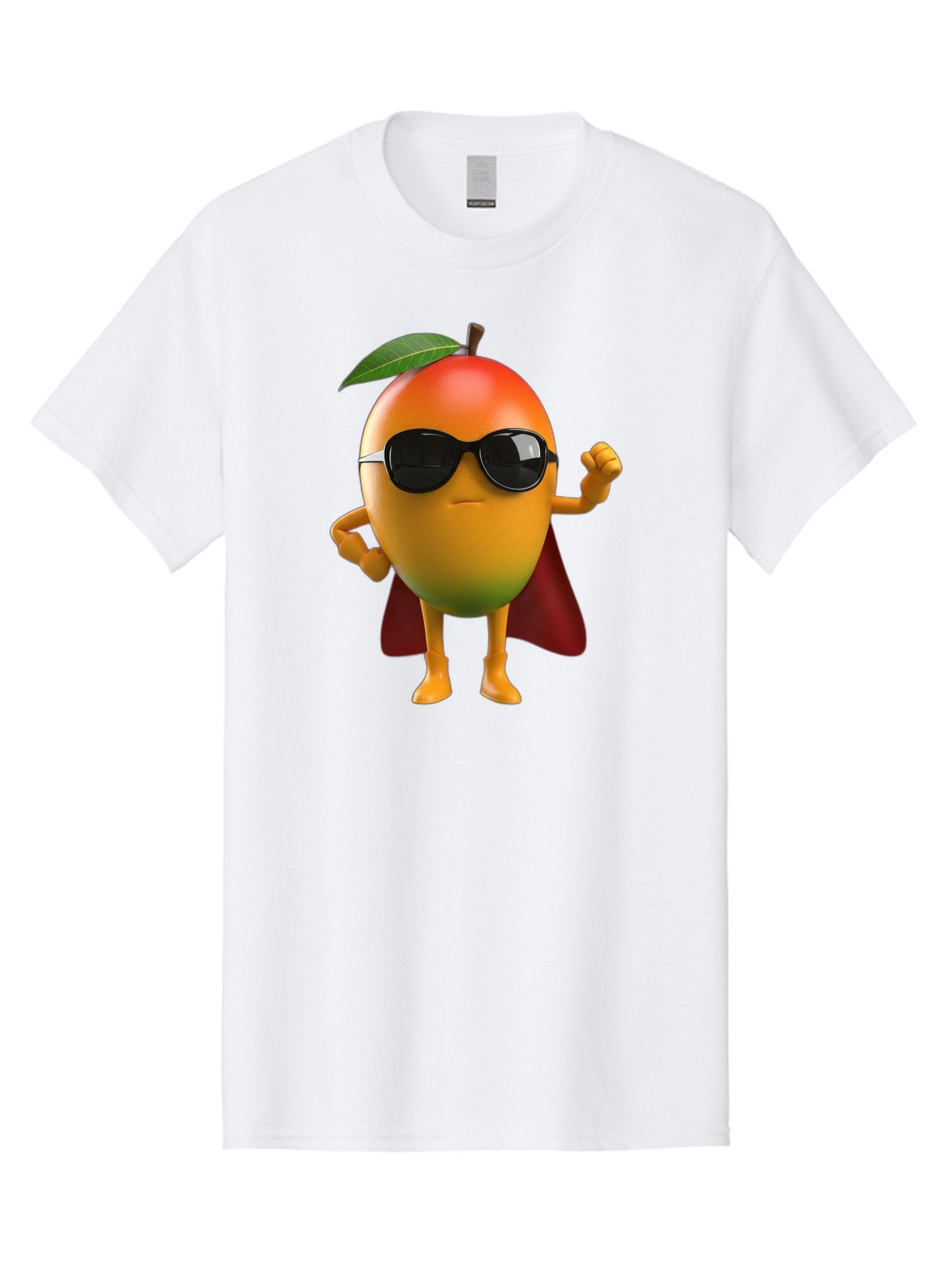 Mango-Character Men'S Graphic Tee, 100% Cotton, Comfortable Casual Summer Wear, Machine Washable, Cartoon Mango Character, Superhero Pose, Sunglasses, Red Cape, Yellow Fruit, Funny Character, Animated Character, Vibrant Colors, Bac137 5