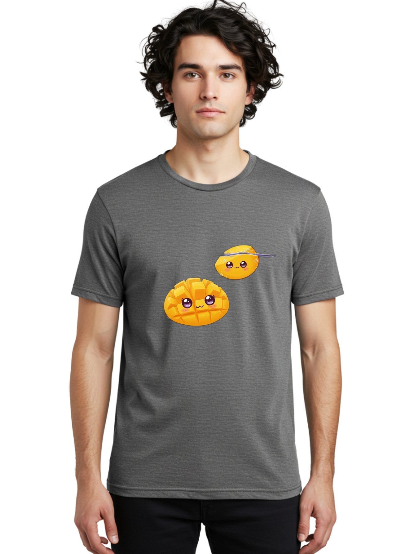 Mango-Characters Men'S Graphic Tee, 100% Cotton, Comfortable Casual Summer Wear, Machine Washable, Cartoon Mangoes, Cute Fruit, Kawaii Characters, Smiling Faces, Playful Illustration, Adorable Graphics, Tropical Fruit, Fun Design Bac138 19