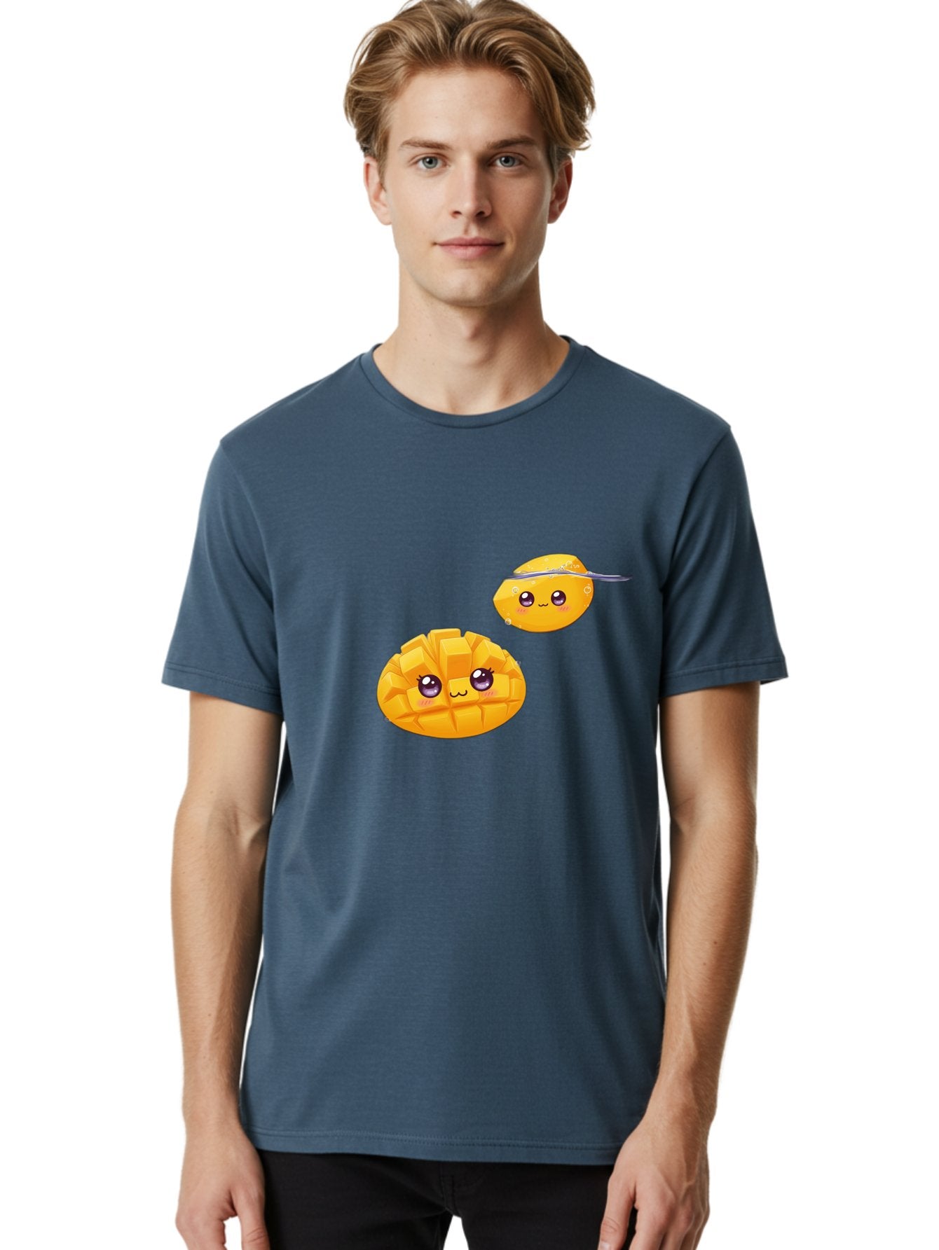 Mango-Characters Men'S Graphic Tee, 100% Cotton, Comfortable Casual Summer Wear, Machine Washable, Cartoon Mangoes, Cute Fruit, Kawaii Characters, Smiling Faces, Playful Illustration, Adorable Graphics, Tropical Fruit, Fun Design Bac138 22