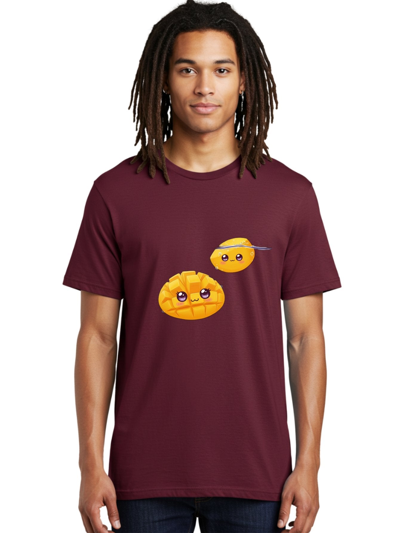 Mango-Characters Men'S Graphic Tee, 100% Cotton, Comfortable Casual Summer Wear, Machine Washable, Cartoon Mangoes, Cute Fruit, Kawaii Characters, Smiling Faces, Playful Illustration, Adorable Graphics, Tropical Fruit, Fun Design Bac138 24