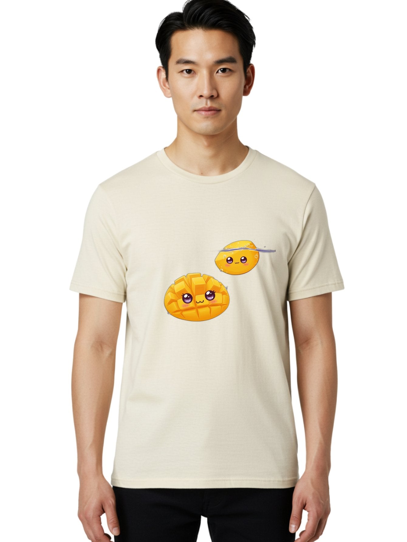 Mango-Characters Men'S Graphic Tee, 100% Cotton, Comfortable Casual Summer Wear, Machine Washable, Cartoon Mangoes, Cute Fruit, Kawaii Characters, Smiling Faces, Playful Illustration, Adorable Graphics, Tropical Fruit, Fun Design Bac138 20
