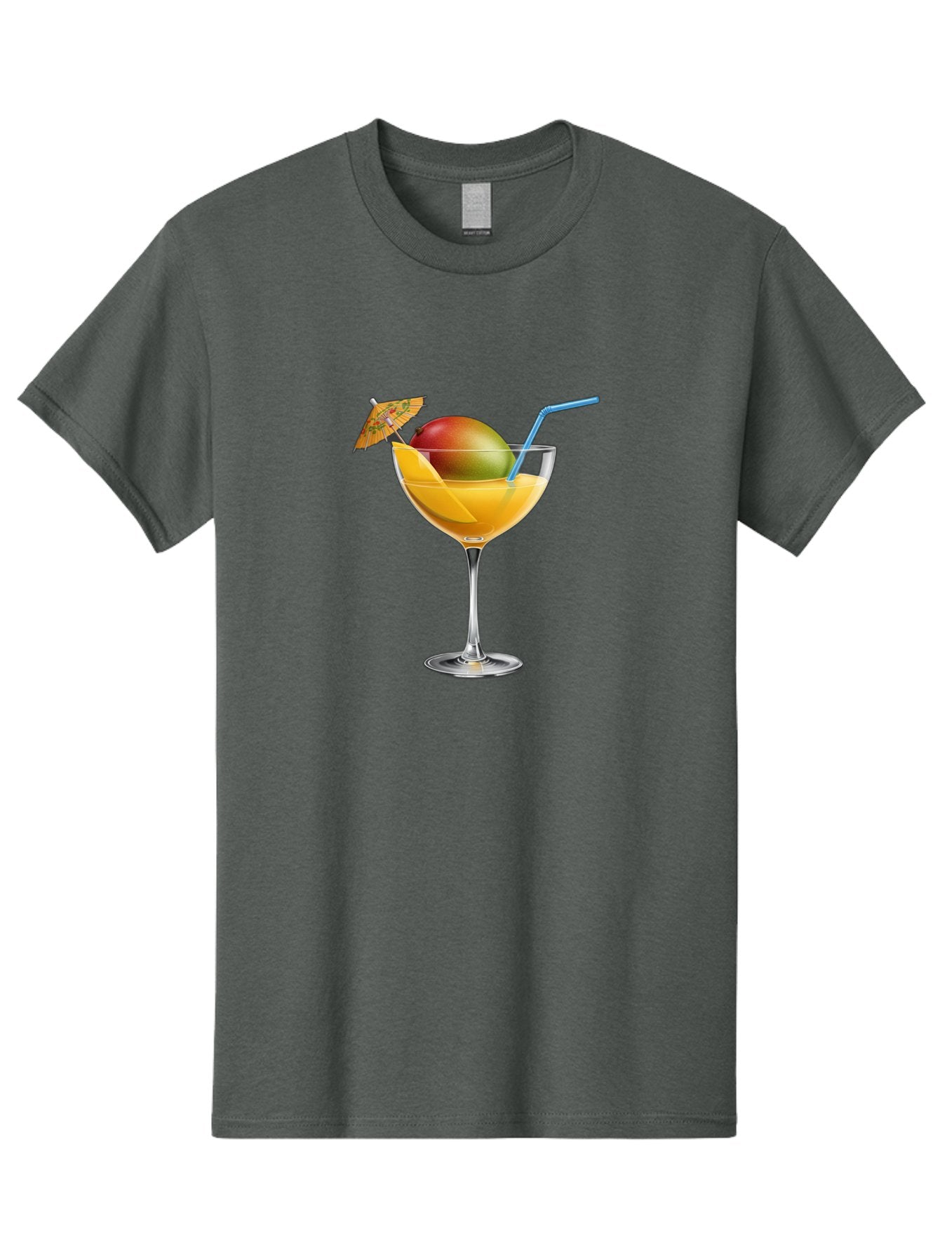 Mango-Cocktail Men'S Graphic Tee, 100% Cotton, Comfortable Casual Summer Wear, Machine Washable, Cocktail Glass, Orange Drink, Mango, Umbrella, Blue Straw, Refreshing Beverage, Summer Drink, Citrus Flavor, Fruity Cocktail, Tropical Twist, Bac139 3