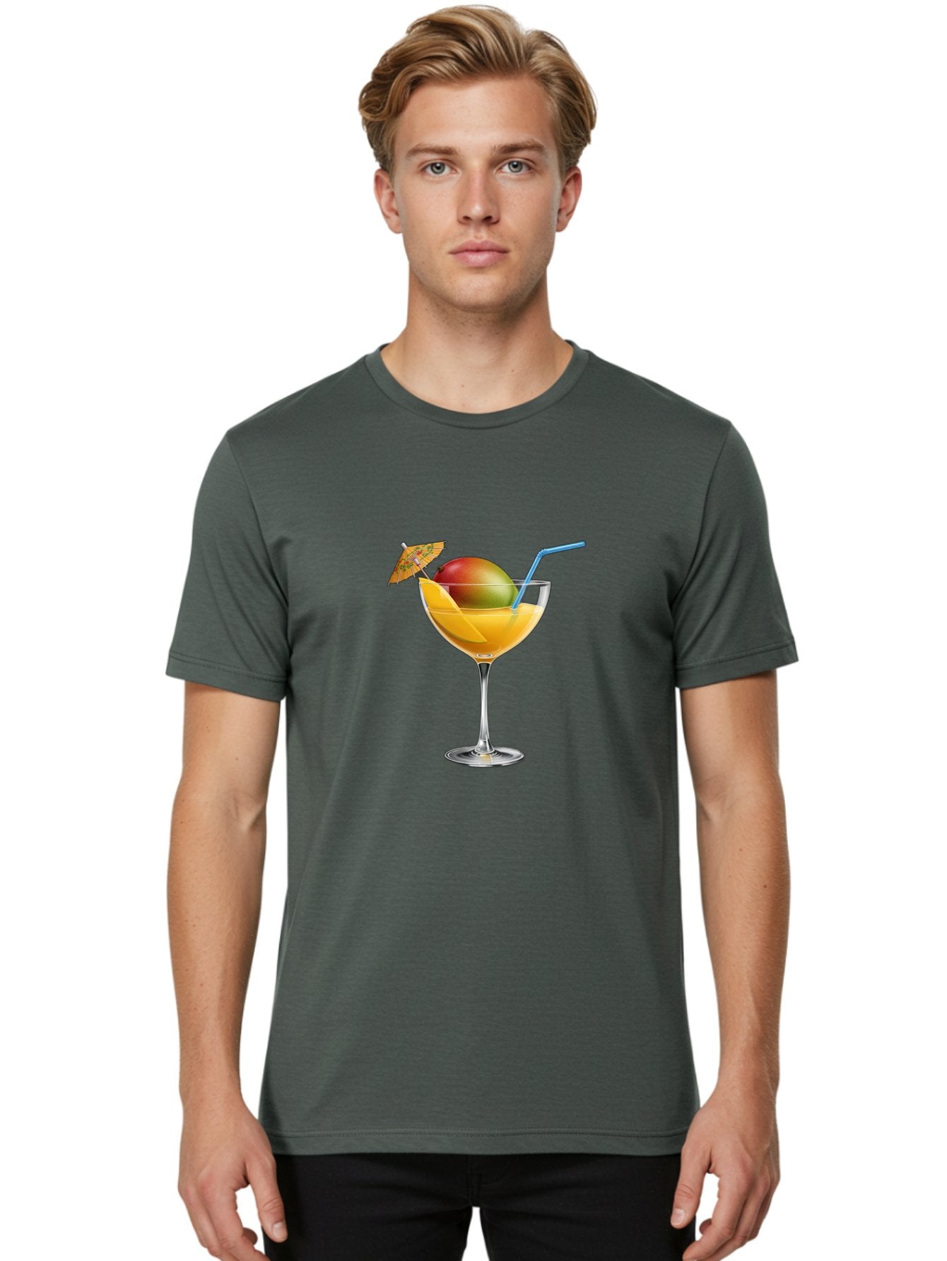 Mango-Cocktail Men'S Graphic Tee, 100% Cotton, Comfortable Casual Summer Wear, Machine Washable, Cocktail Glass, Orange Drink, Mango, Umbrella, Blue Straw, Refreshing Beverage, Summer Drink, Citrus Flavor, Fruity Cocktail, Tropical Twist, Bac139 22