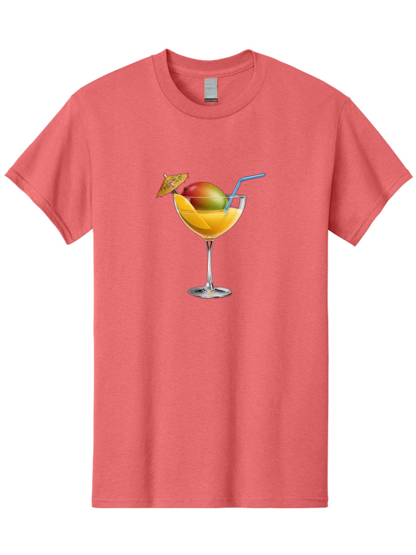 Mango-Cocktail Men'S Graphic Tee, 100% Cotton, Comfortable Casual Summer Wear, Machine Washable, Cocktail Glass, Orange Drink, Mango, Umbrella, Blue Straw, Refreshing Beverage, Summer Drink, Citrus Flavor, Fruity Cocktail, Tropical Twist, Bac139 7