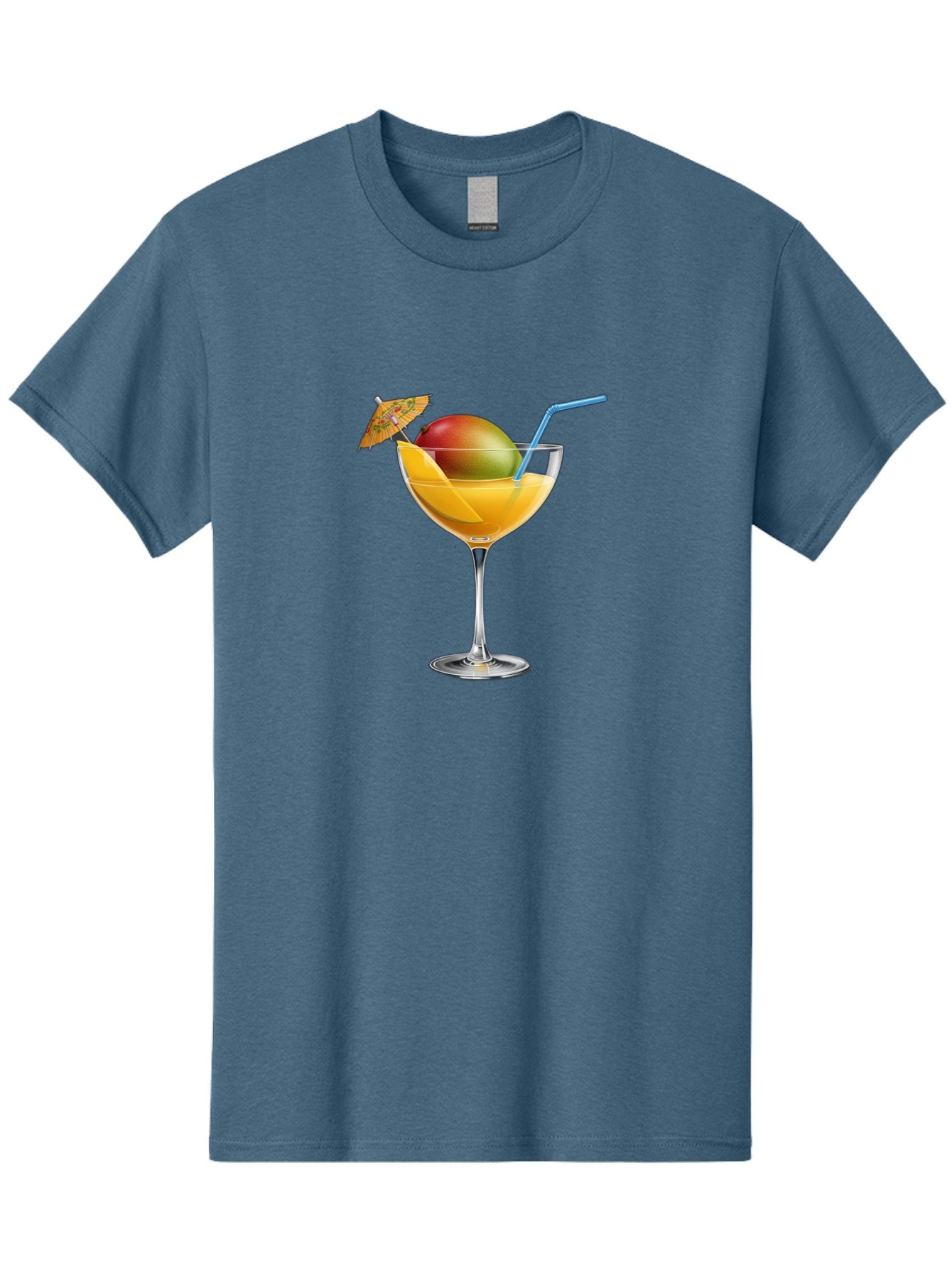 Mango-Cocktail Men'S Graphic Tee, 100% Cotton, Comfortable Casual Summer Wear, Machine Washable, Cocktail Glass, Orange Drink, Mango, Umbrella, Blue Straw, Refreshing Beverage, Summer Drink, Citrus Flavor, Fruity Cocktail, Tropical Twist, Bac139 12