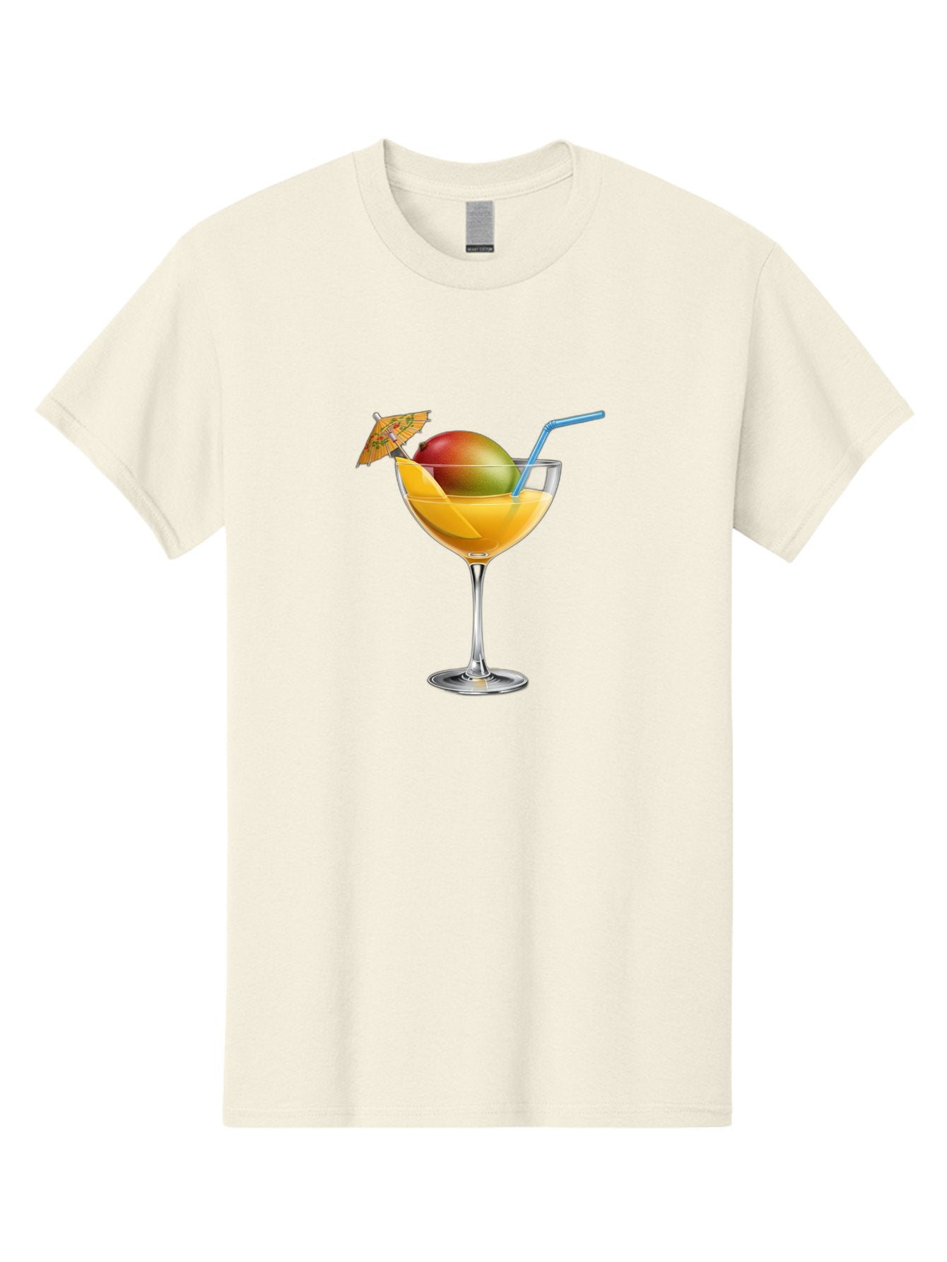 Mango-Cocktail Men'S Graphic Tee, 100% Cotton, Comfortable Casual Summer Wear, Machine Washable, Cocktail Glass, Orange Drink, Mango, Umbrella, Blue Straw, Refreshing Beverage, Summer Drink, Citrus Flavor, Fruity Cocktail, Tropical Twist, Bac139 15