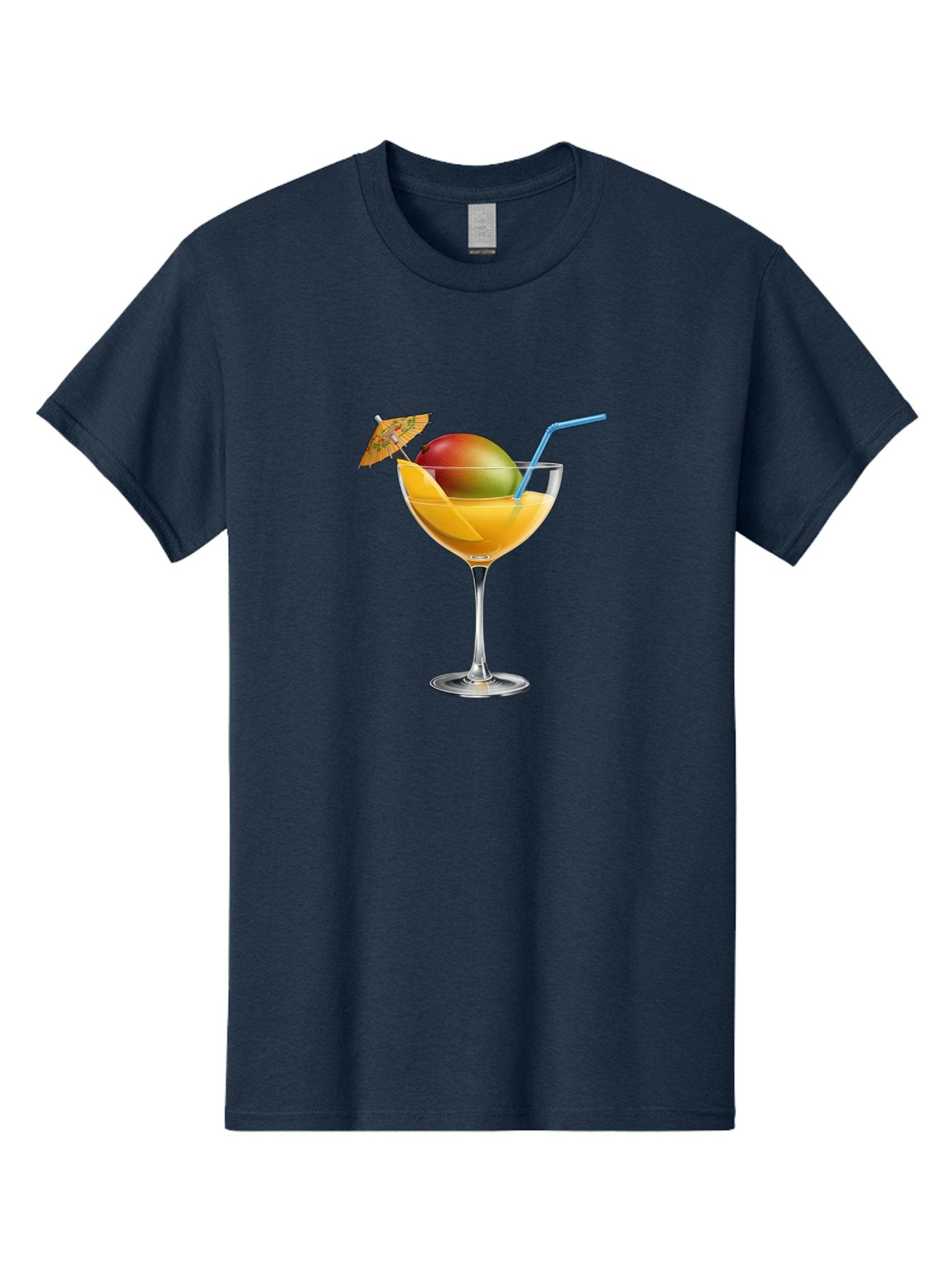 Mango-Cocktail Men'S Graphic Tee, 100% Cotton, Comfortable Casual Summer Wear, Machine Washable, Cocktail Glass, Orange Drink, Mango, Umbrella, Blue Straw, Refreshing Beverage, Summer Drink, Citrus Flavor, Fruity Cocktail, Tropical Twist, Bac139 14