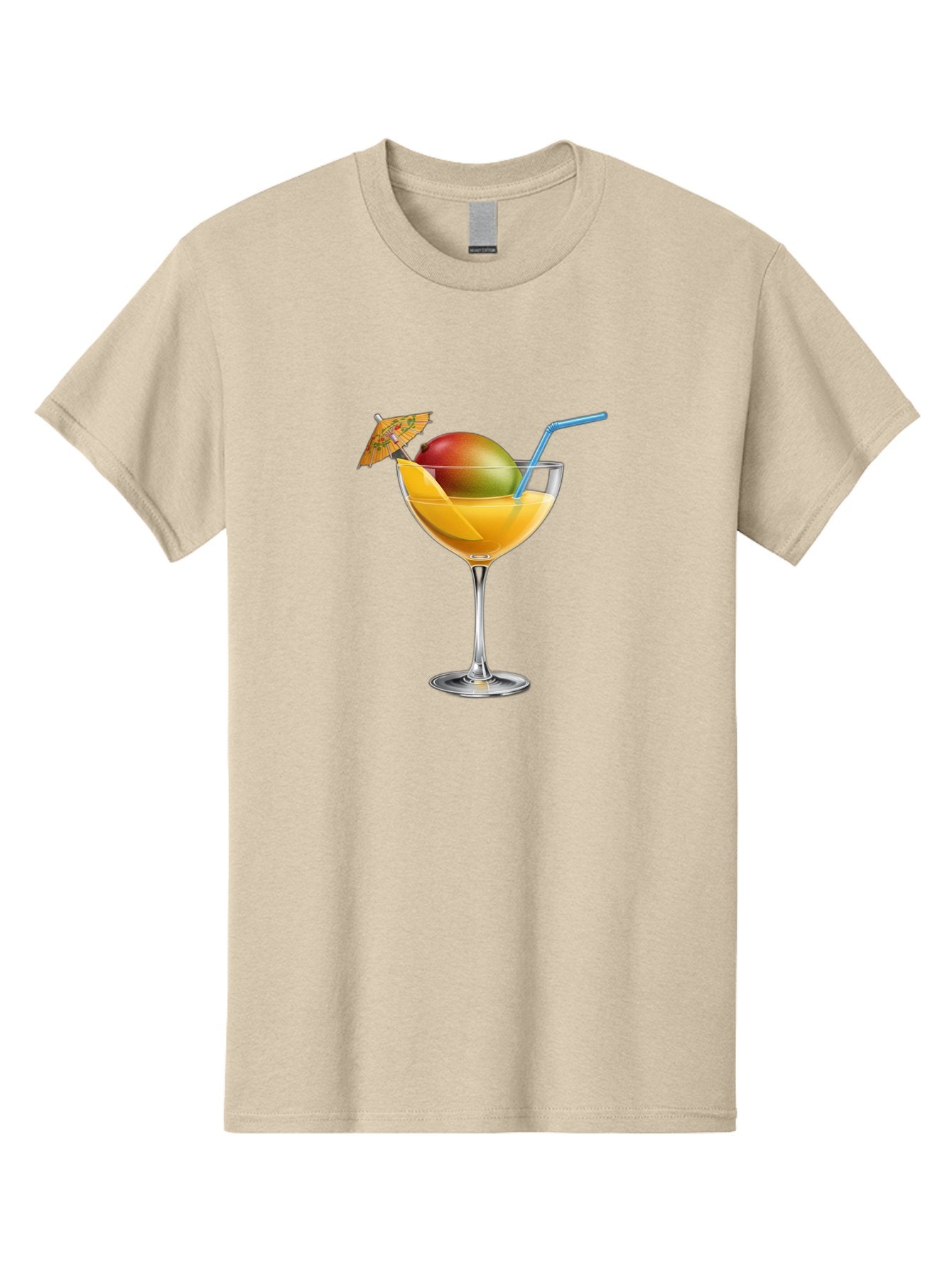 Mango-Cocktail Men'S Graphic Tee, 100% Cotton, Comfortable Casual Summer Wear, Machine Washable, Cocktail Glass, Orange Drink, Mango, Umbrella, Blue Straw, Refreshing Beverage, Summer Drink, Citrus Flavor, Fruity Cocktail, Tropical Twist, Bac139 4