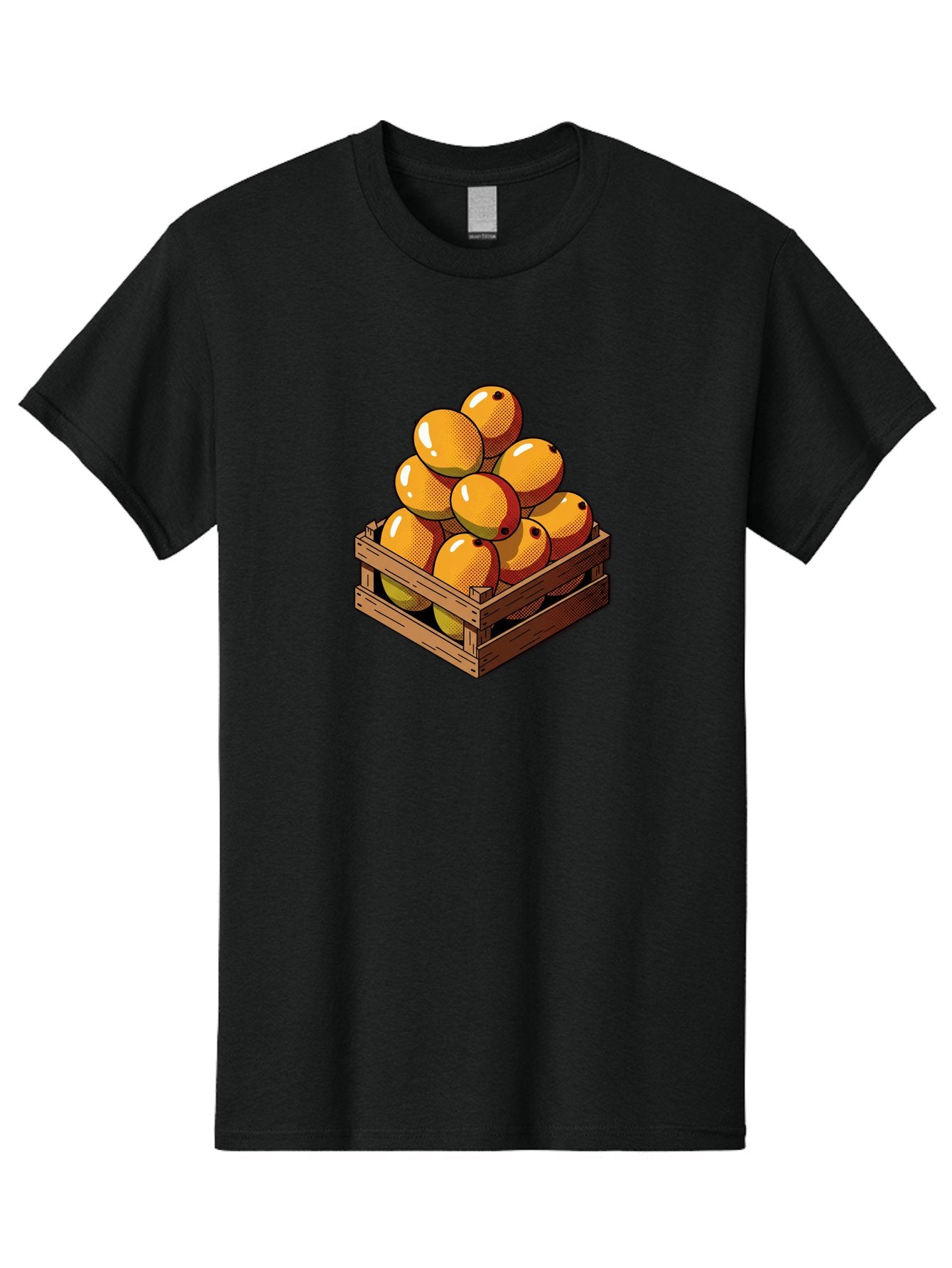 Mango-Crate Men'S Graphic Tee, 100% Cotton, Comfortable Casual Summer Wear, Machine Washable, Mangoes In Wooden Crate, Fresh Fruit, Vibrant Colors, Halftone Effect, Orange Fruit, Black Dots, Wooden Slats, Pop Art Style, Fruit Illustration Bac140 6
