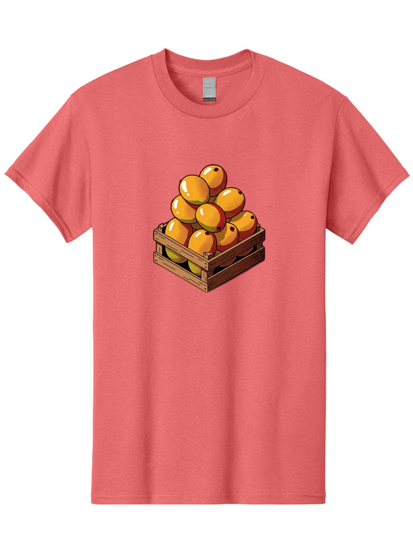 Mango-Crate Men'S Graphic Tee, 100% Cotton, Comfortable Casual Summer Wear, Machine Washable, Mangoes In Wooden Crate, Fresh Fruit, Vibrant Colors, Halftone Effect, Orange Fruit, Black Dots, Wooden Slats, Pop Art Style, Fruit Illustration Bac140