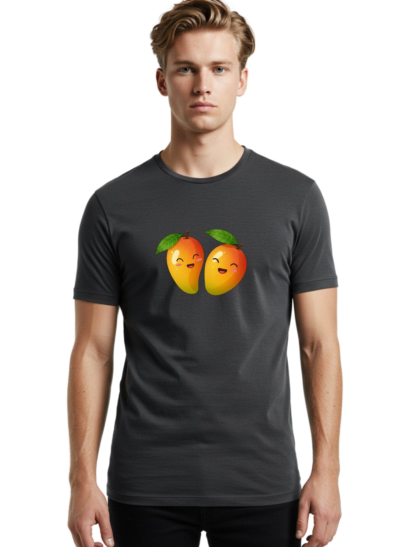Mango-Emoticons Men'S Graphic Tee, 100% Cotton, Comfortable Casual Summer Wear, Machine Washable, Cartoon Mangoes, Happy Faces, Smiling Fruits, Vibrant Orange, Green Leaves, Cute Illustration, Fruit Emoji, Kawaii Art, Digital Art, Bac142 29