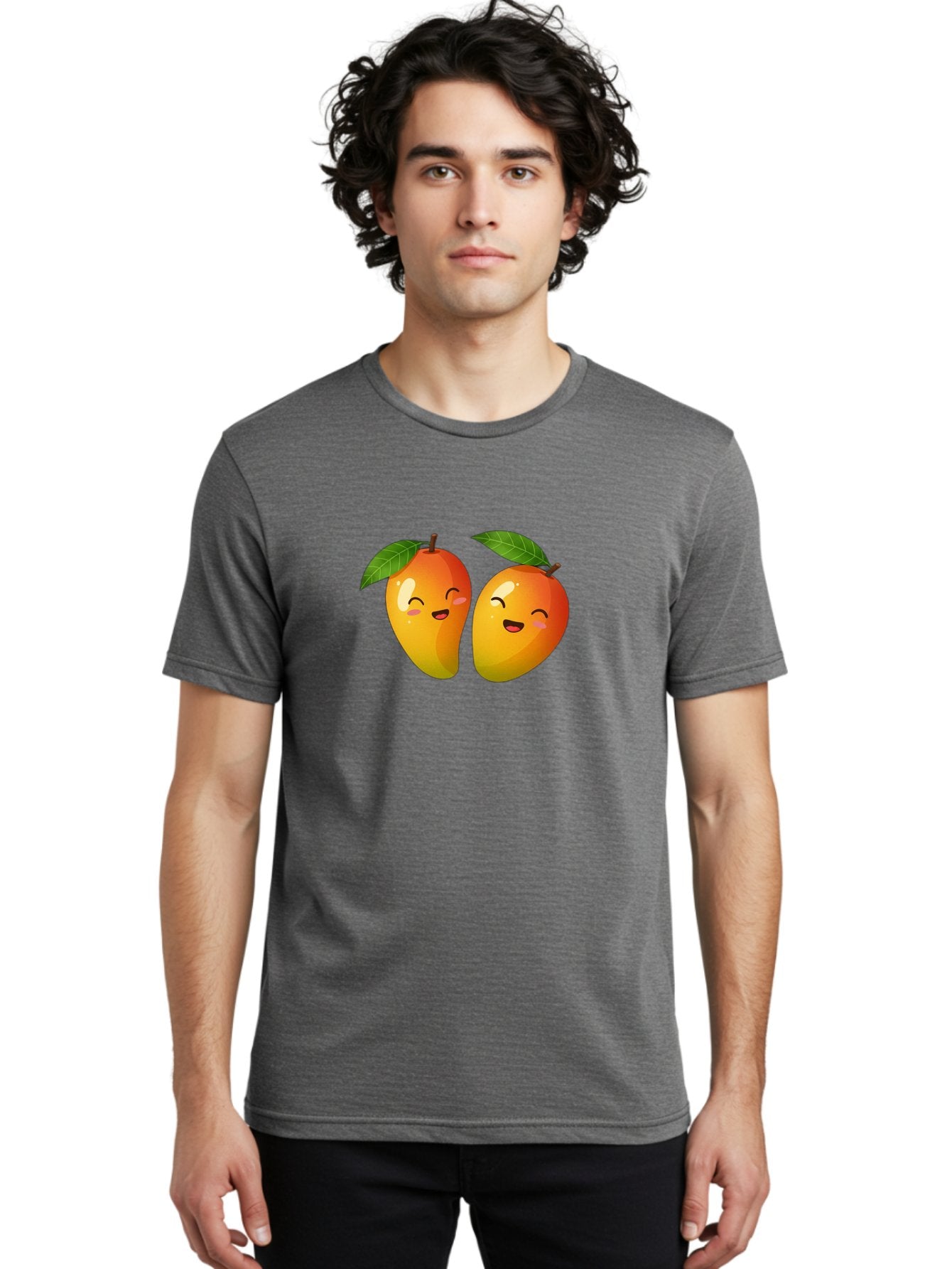 Mango-Emoticons Men'S Graphic Tee, 100% Cotton, Comfortable Casual Summer Wear, Machine Washable, Cartoon Mangoes, Happy Faces, Smiling Fruits, Vibrant Orange, Green Leaves, Cute Illustration, Fruit Emoji, Kawaii Art, Digital Art, Bac142 24