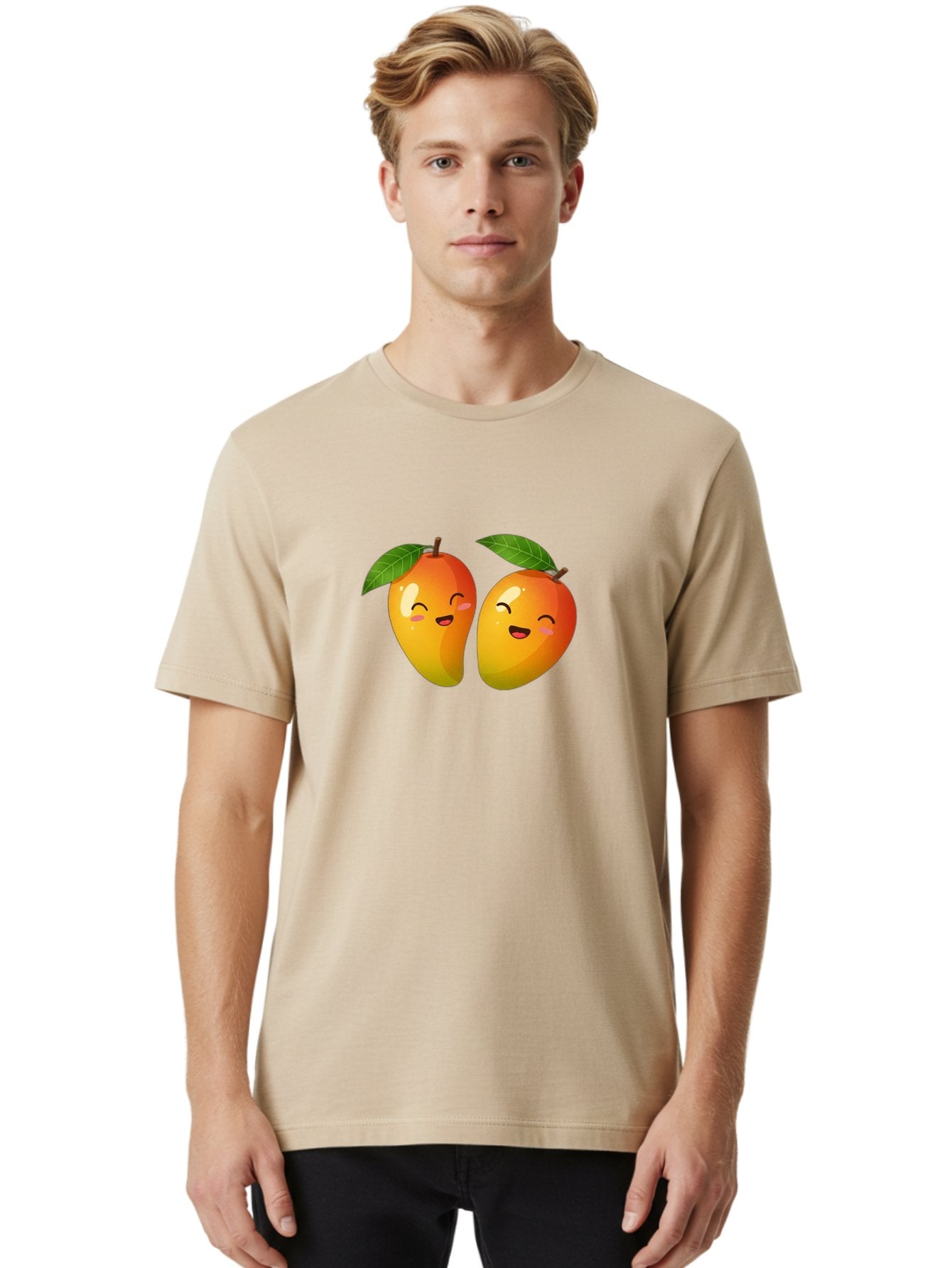 Mango-Emoticons Men'S Graphic Tee, 100% Cotton, Comfortable Casual Summer Wear, Machine Washable, Cartoon Mangoes, Happy Faces, Smiling Fruits, Vibrant Orange, Green Leaves, Cute Illustration, Fruit Emoji, Kawaii Art, Digital Art, Bac142 21