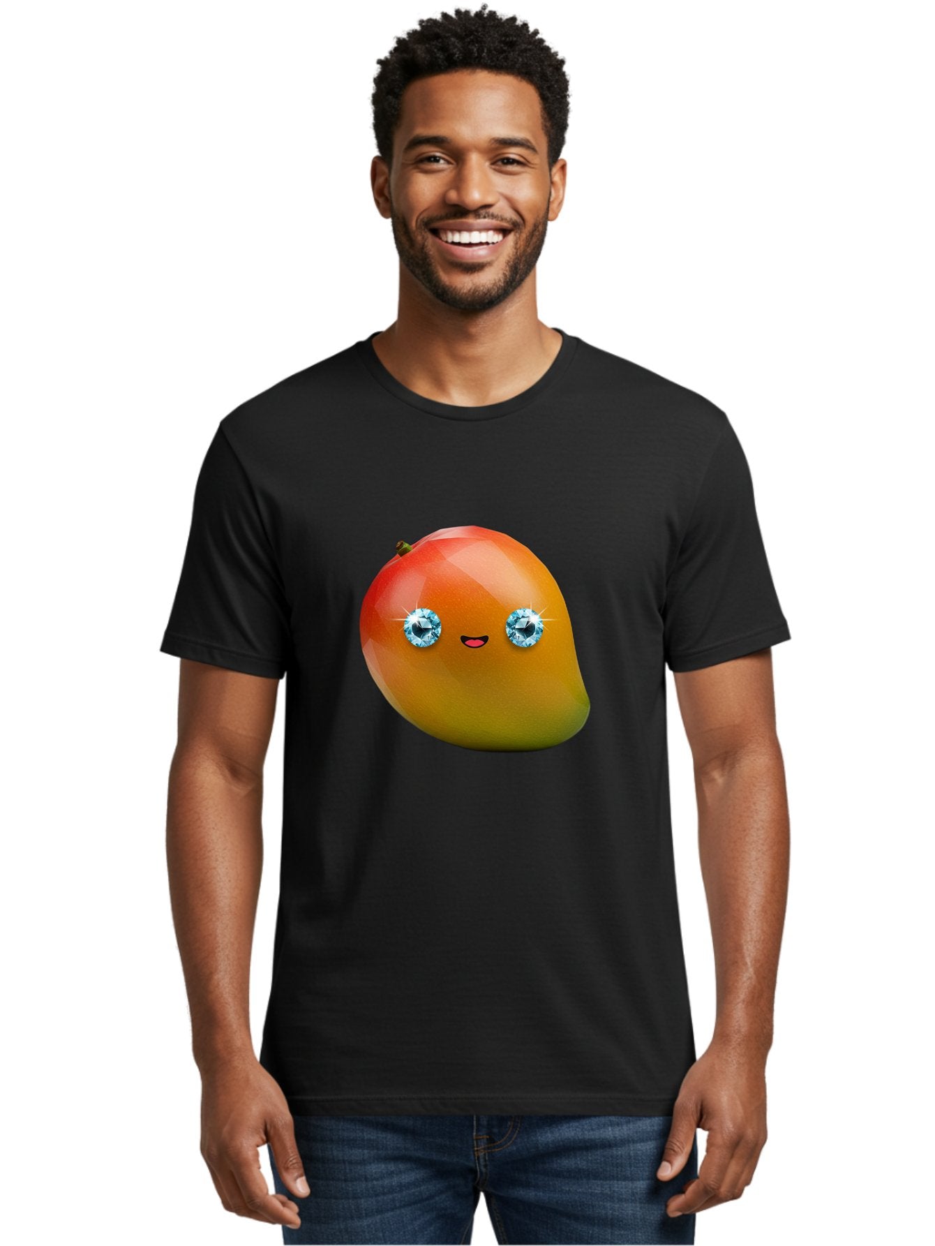 Mango-Eyes Men'S Graphic Tee, 100% Cotton, Comfortable Casual Summer Wear, Machine Washable, Mango Fruit, Diamond Eyes, Cartoon Character, Shiny Mango, Cute Fruit, Smiling Face, Vibrant Colors, Luxury Fruit, Exotic Charm Bac143 29