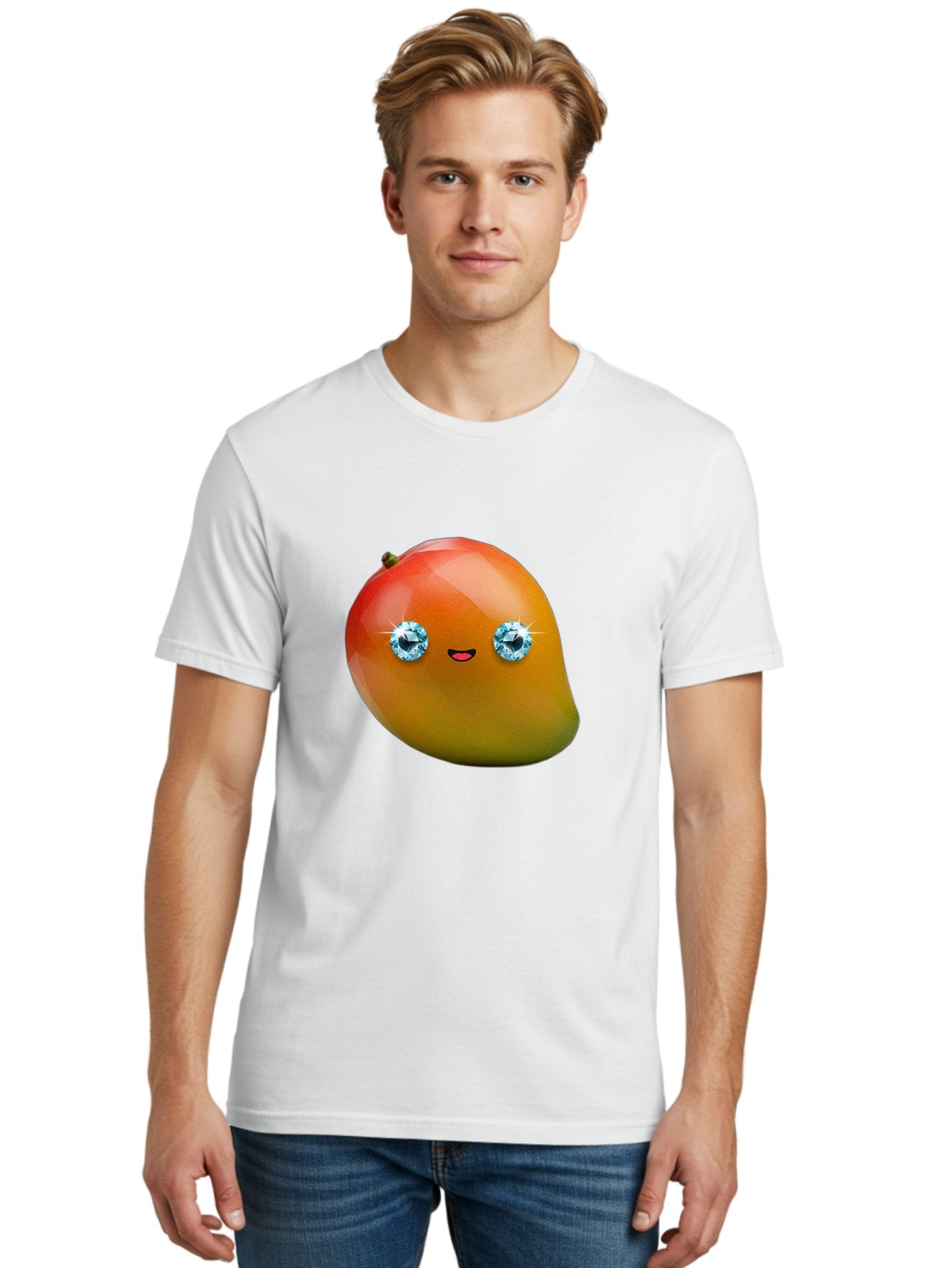 Mango-Eyes Men'S Graphic Tee, 100% Cotton, Comfortable Casual Summer Wear, Machine Washable, Mango Fruit, Diamond Eyes, Cartoon Character, Shiny Mango, Cute Fruit, Smiling Face, Vibrant Colors, Luxury Fruit, Exotic Charm Bac143 23