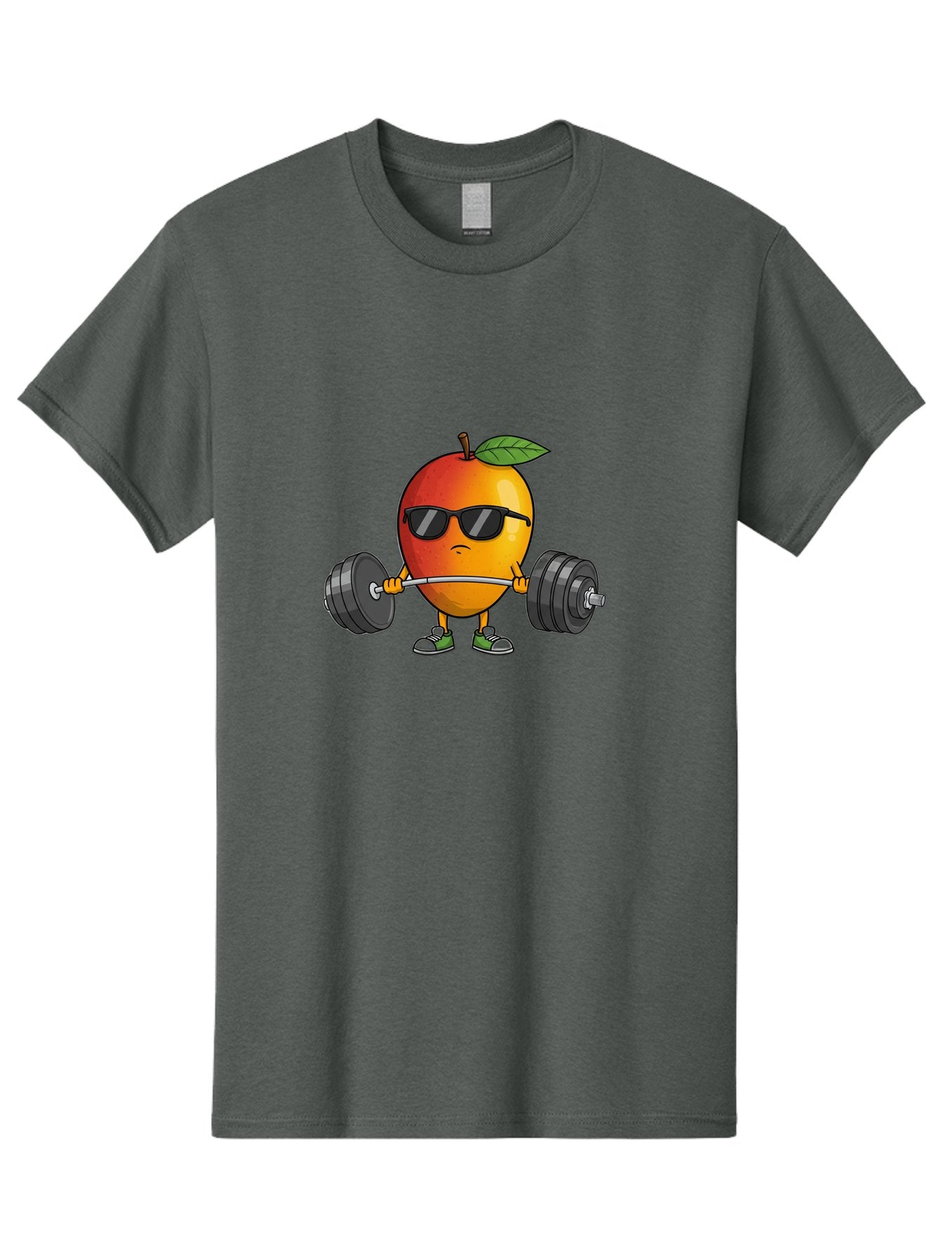 Mango-Fitness Men'S Graphic Tee, 100% Cotton, Comfortable Casual Summer Wear, Machine Washable, Cartoon Mango, Weightlifting, Fitness, Exercise, Sunglasses, Dumbbells, Healthy Lifestyle, Fruit Character, Gym, Workout Routine, Strong Fruit Bac144