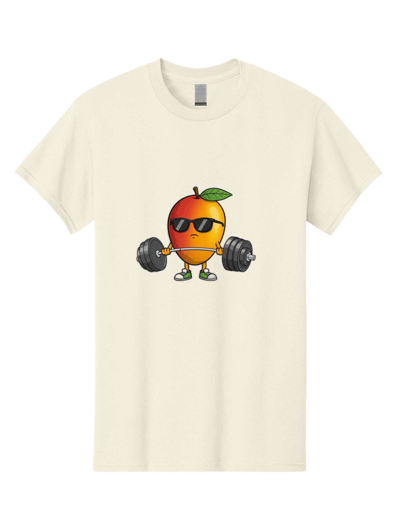 Mango-Fitness Men'S Graphic Tee, 100% Cotton, Comfortable Casual Summer Wear, Machine Washable, Cartoon Mango, Weightlifting, Fitness, Exercise, Sunglasses, Dumbbells, Healthy Lifestyle, Fruit Character, Gym, Workout Routine, Strong Fruit Bac144