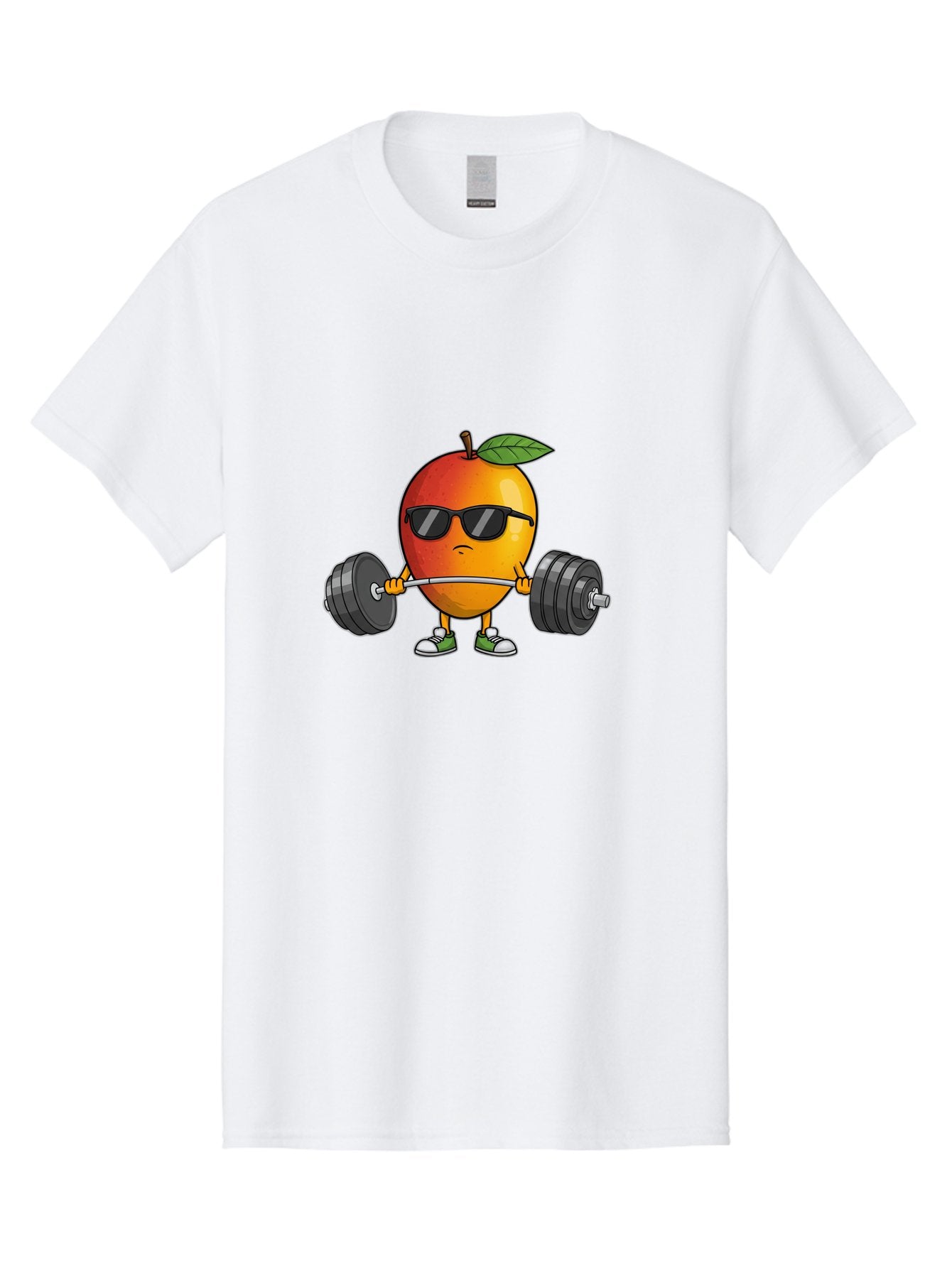 Mango-Fitness Men'S Graphic Tee, 100% Cotton, Comfortable Casual Summer Wear, Machine Washable, Cartoon Mango, Weightlifting, Fitness, Exercise, Sunglasses, Dumbbells, Healthy Lifestyle, Fruit Character, Gym, Workout Routine, Strong Fruit Bac144 15