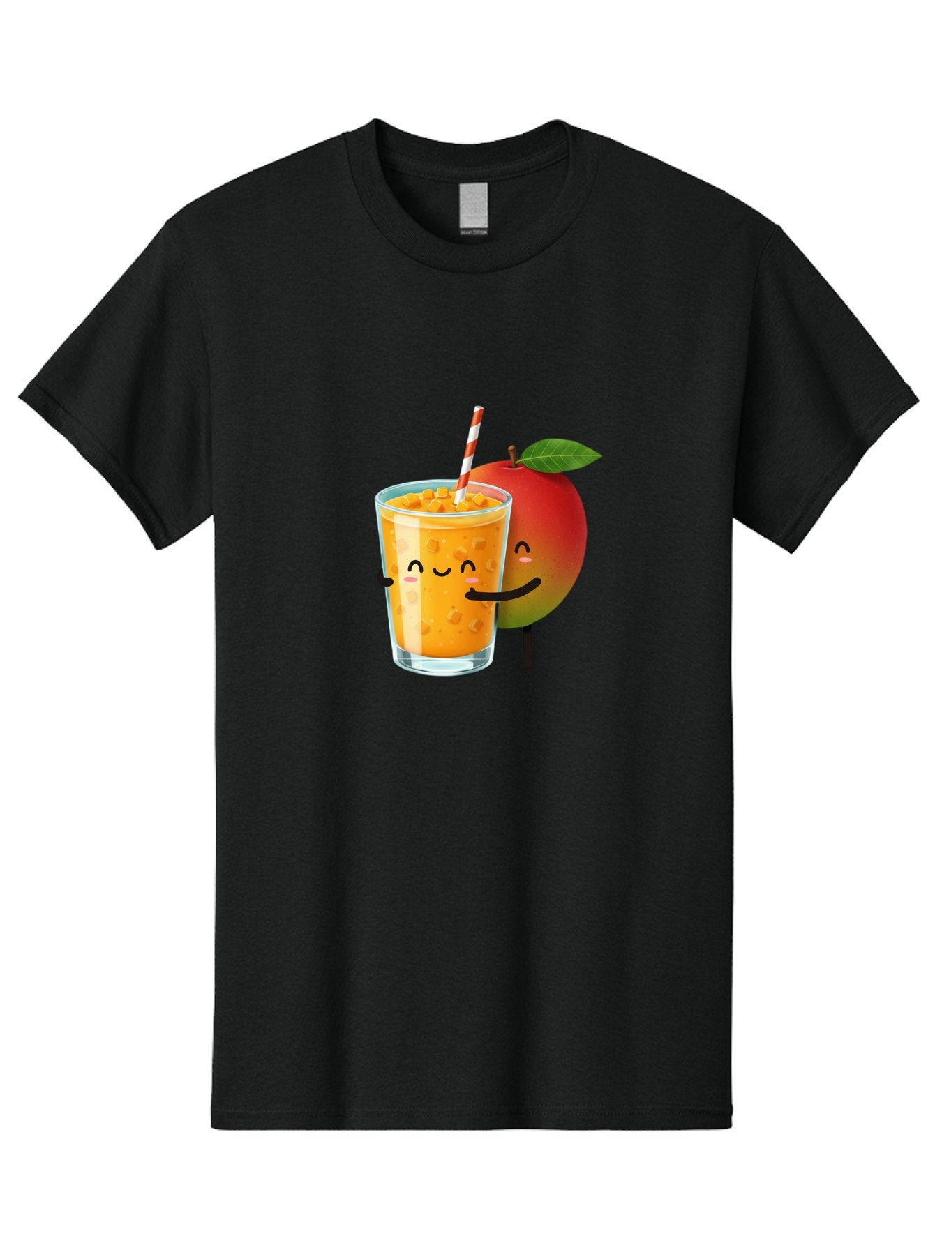 Mango-Juice-1 Men'S Graphic Tee, 100% Cotton, Comfortable Casual Summer Wear, Machine Washable, Cartoon Apple, Mango Juice, Refreshing Drink, Smiling Glass, Red And White Straw, Orange Beverage, Fruit Characters, Happy Face, Healthy Drink, Bac145 15