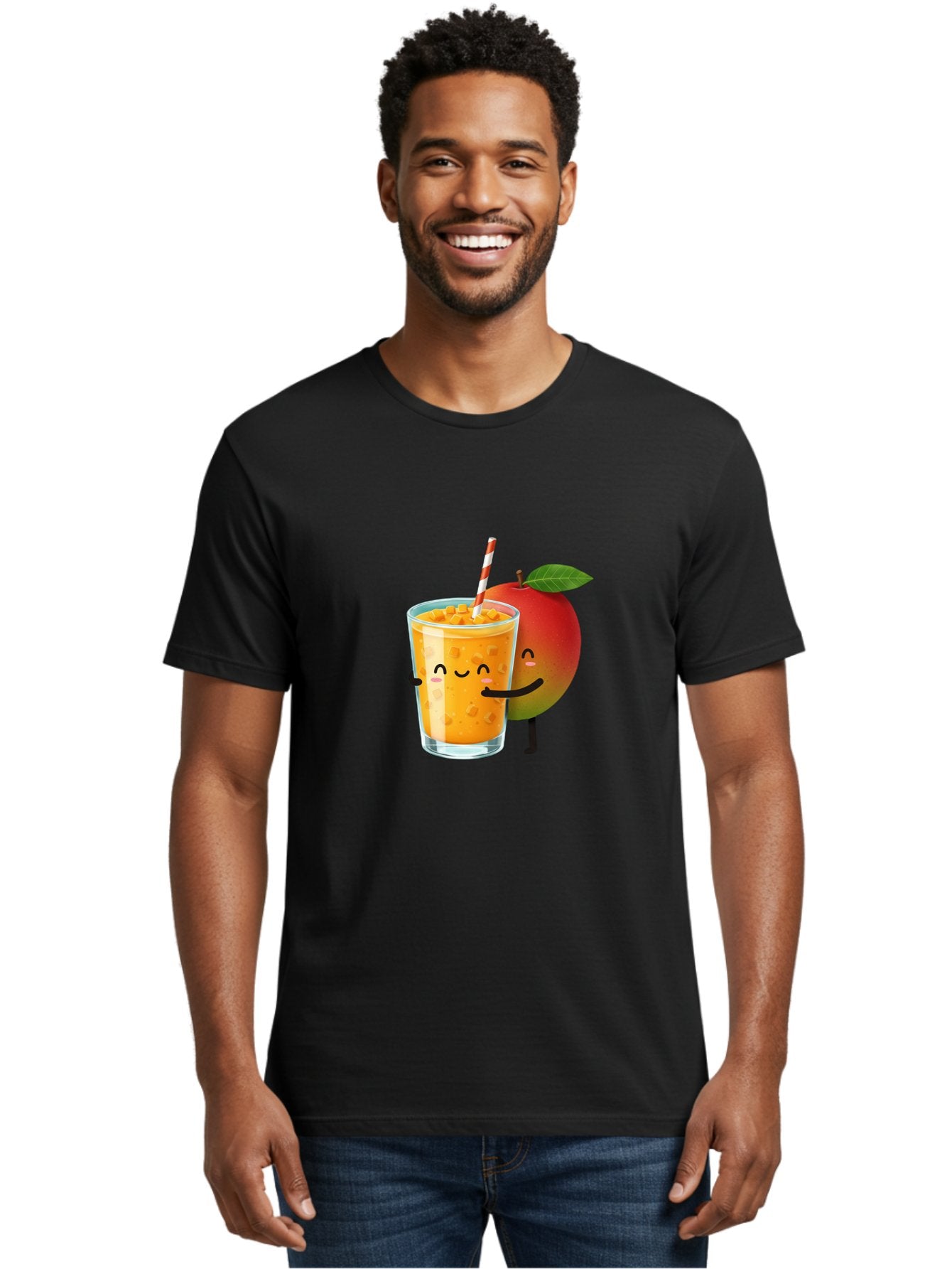 Mango-Juice-1 Men'S Graphic Tee, 100% Cotton, Comfortable Casual Summer Wear, Machine Washable, Cartoon Apple, Mango Juice, Refreshing Drink, Smiling Glass, Red And White Straw, Orange Beverage, Fruit Characters, Happy Face, Healthy Drink, Bac145 30