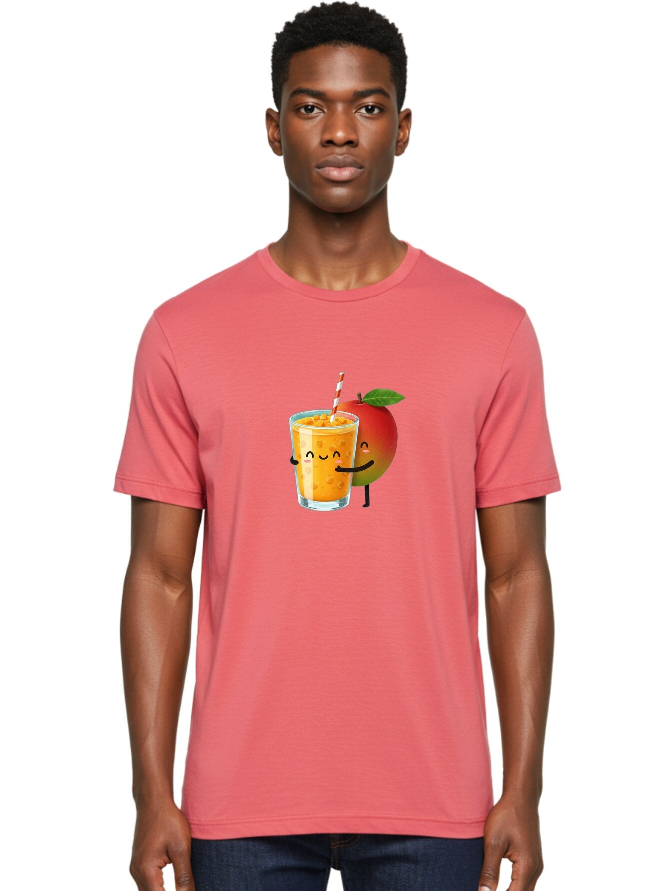 Mango-Juice-1 Men'S Graphic Tee, 100% Cotton, Comfortable Casual Summer Wear, Machine Washable, Cartoon Apple, Mango Juice, Refreshing Drink, Smiling Glass, Red And White Straw, Orange Beverage, Fruit Characters, Happy Face, Healthy Drink, Bac145 20
