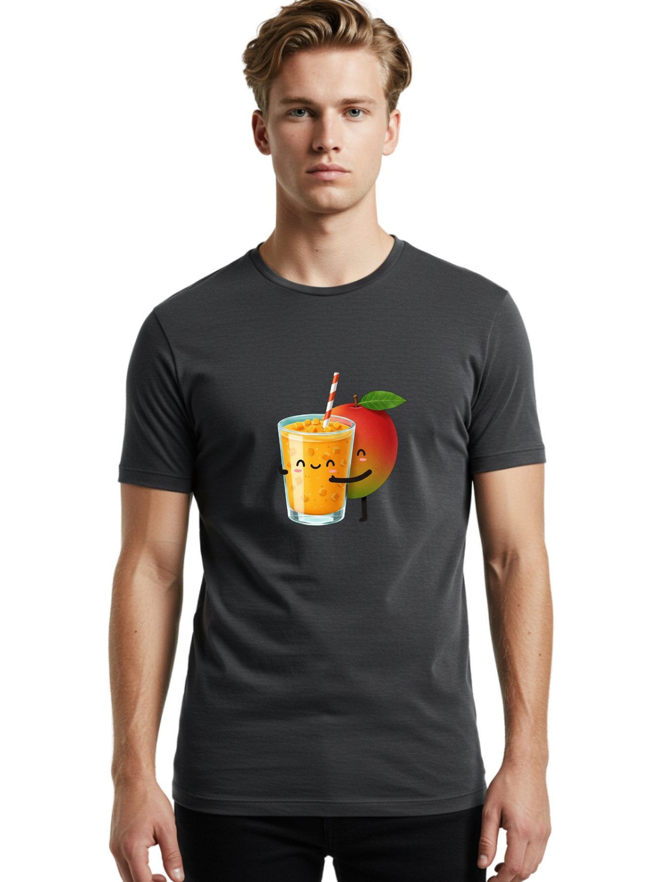 Mango-Juice-1 Men'S Graphic Tee, 100% Cotton, Comfortable Casual Summer Wear, Machine Washable, Cartoon Apple, Mango Juice, Refreshing Drink, Smiling Glass, Red And White Straw, Orange Beverage, Fruit Characters, Happy Face, Healthy Drink, Bac145 24