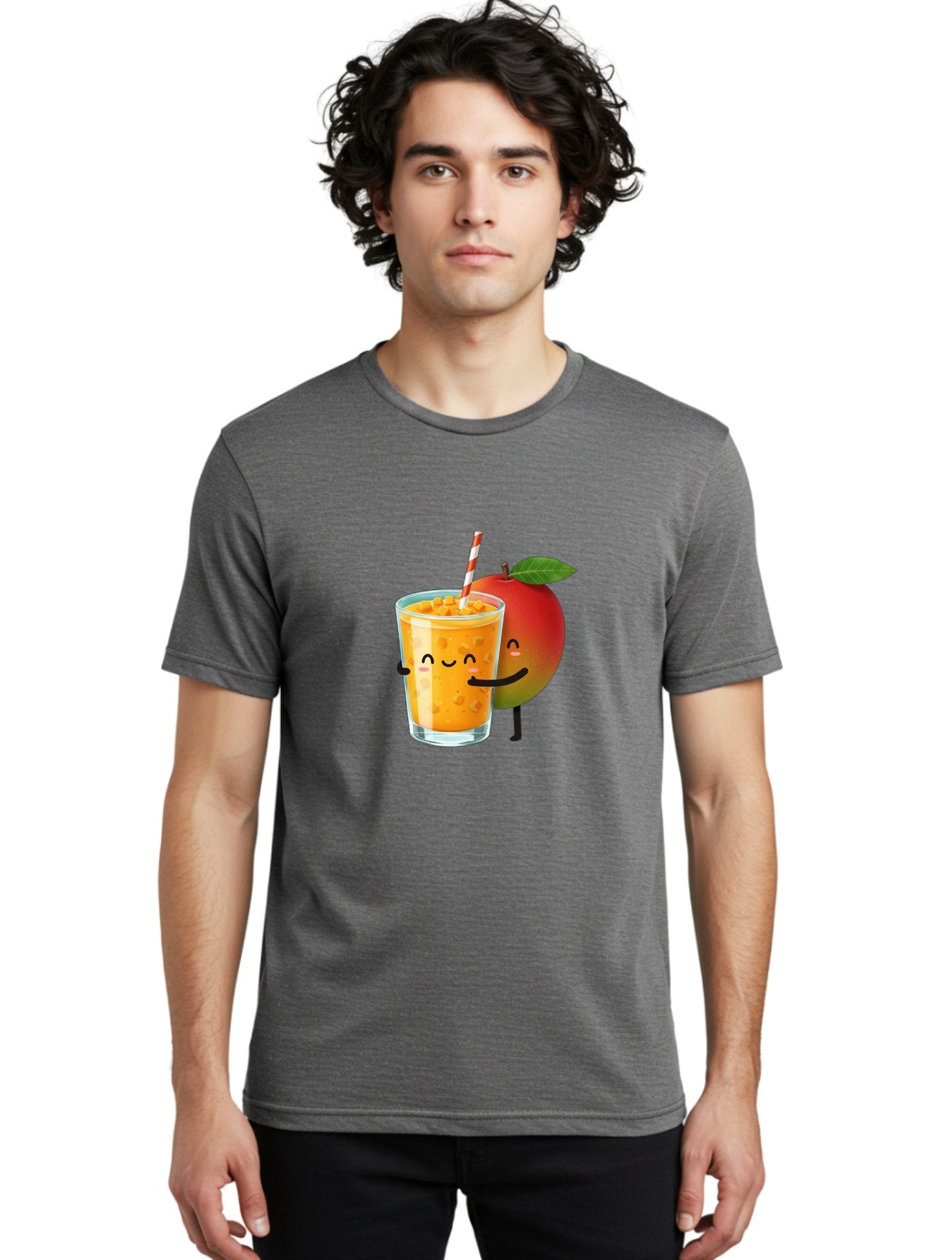 Mango-Juice-1 Men'S Graphic Tee, 100% Cotton, Comfortable Casual Summer Wear, Machine Washable, Cartoon Apple, Mango Juice, Refreshing Drink, Smiling Glass, Red And White Straw, Orange Beverage, Fruit Characters, Happy Face, Healthy Drink, Bac145 19
