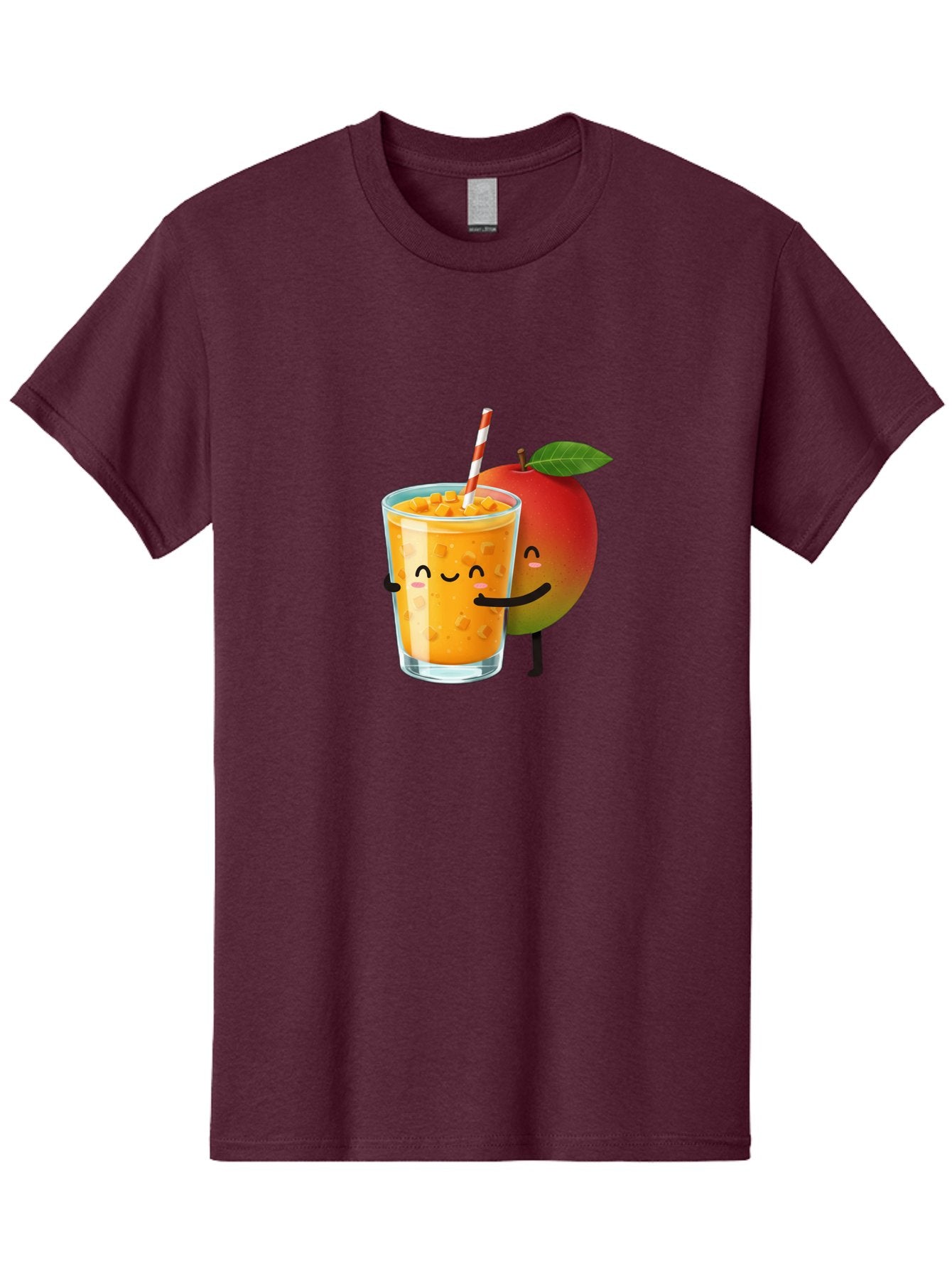 Mango-Juice-1 Men'S Graphic Tee, 100% Cotton, Comfortable Casual Summer Wear, Machine Washable, Cartoon Apple, Mango Juice, Refreshing Drink, Smiling Glass, Red And White Straw, Orange Beverage, Fruit Characters, Happy Face, Healthy Drink, Bac145 5
