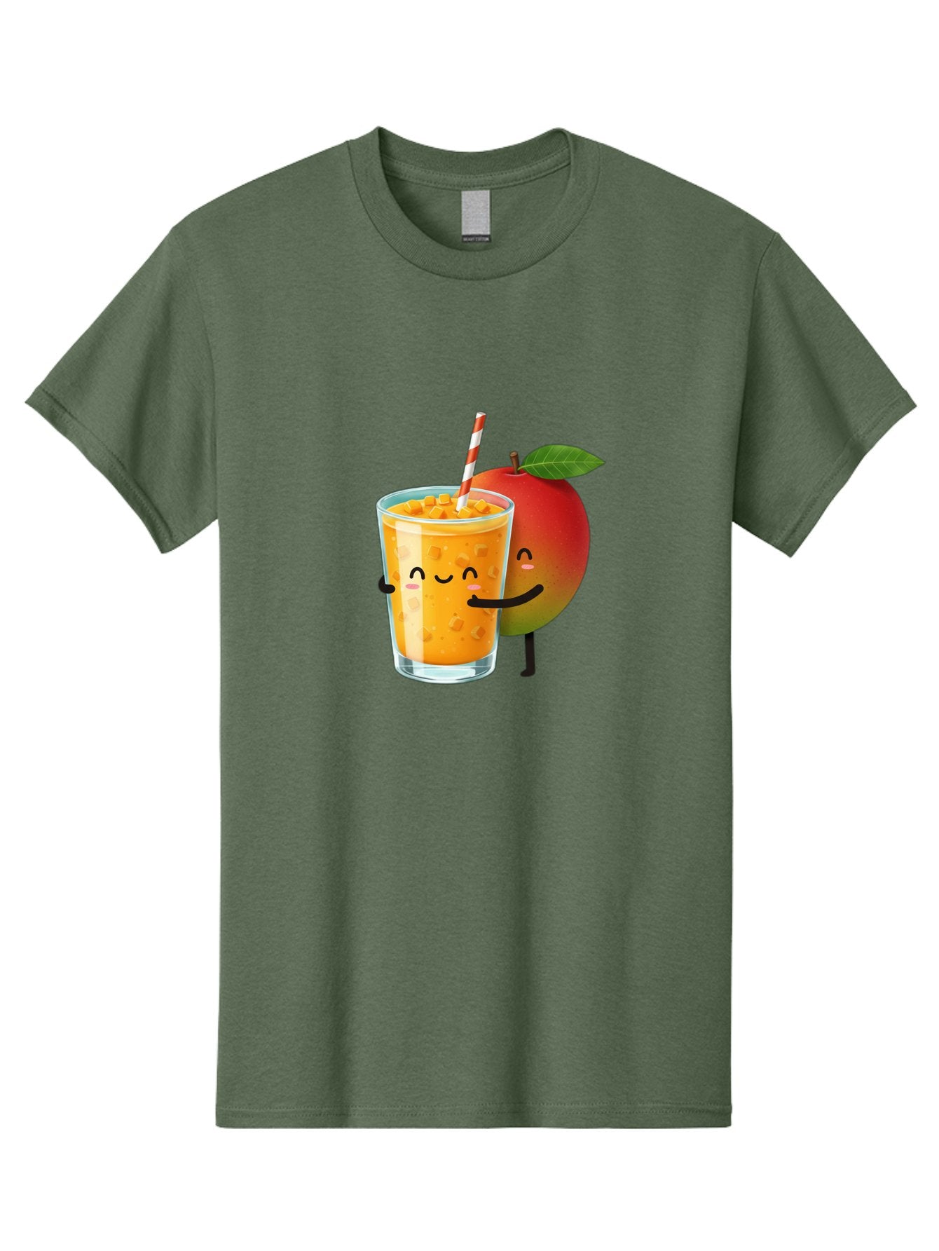 Mango-Juice-1 Men'S Graphic Tee, 100% Cotton, Comfortable Casual Summer Wear, Machine Washable, Cartoon Apple, Mango Juice, Refreshing Drink, Smiling Glass, Red And White Straw, Orange Beverage, Fruit Characters, Happy Face, Healthy Drink, Bac145 7