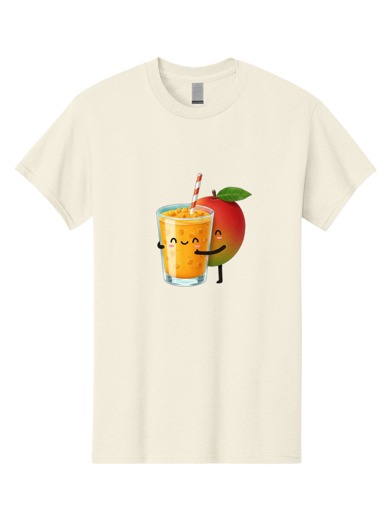 Mango-Juice-1 Men'S Graphic Tee, 100% Cotton, Comfortable Casual Summer Wear, Machine Washable, Cartoon Apple, Mango Juice, Refreshing Drink, Smiling Glass, Red And White Straw, Orange Beverage, Fruit Characters, Happy Face, Healthy Drink, Bac145 4