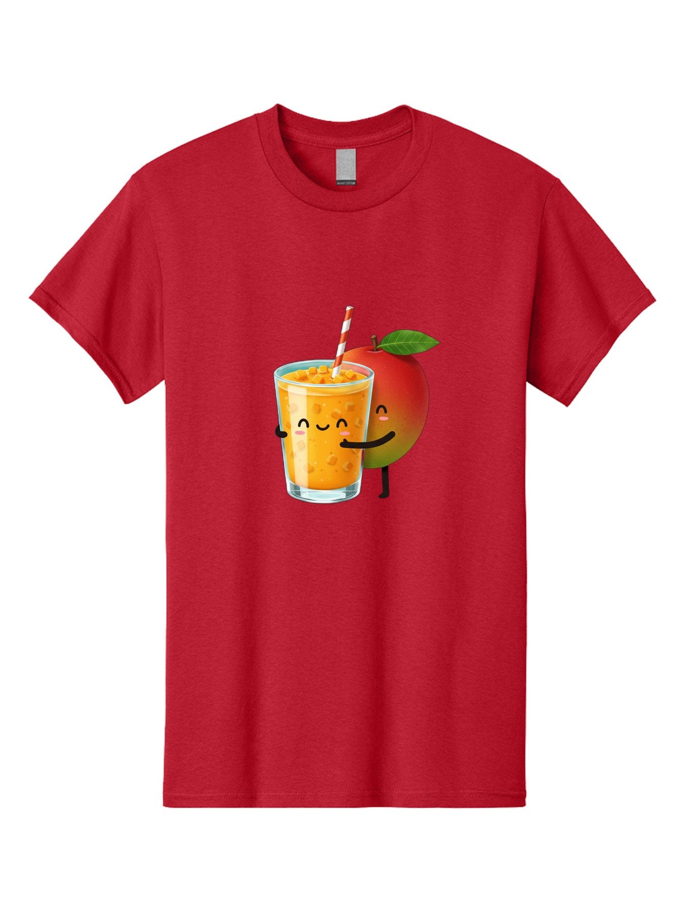 Mango-Juice-1 Men'S Graphic Tee, 100% Cotton, Comfortable Casual Summer Wear, Machine Washable, Cartoon Apple, Mango Juice, Refreshing Drink, Smiling Glass, Red And White Straw, Orange Beverage, Fruit Characters, Happy Face, Healthy Drink, Bac145 3