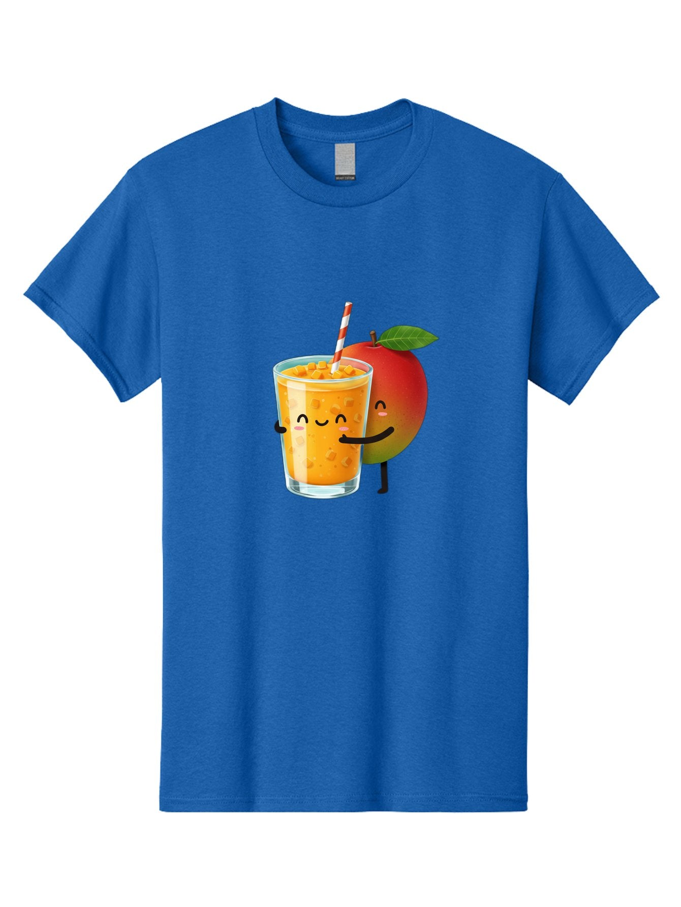 Mango-Juice-1 Men'S Graphic Tee, 100% Cotton, Comfortable Casual Summer Wear, Machine Washable, Cartoon Apple, Mango Juice, Refreshing Drink, Smiling Glass, Red And White Straw, Orange Beverage, Fruit Characters, Happy Face, Healthy Drink, Bac145