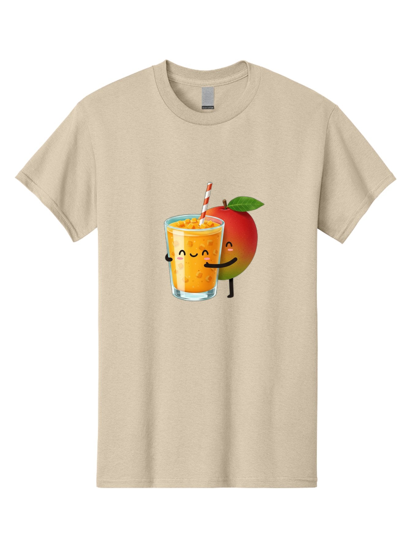 Mango-Juice-1 Men'S Graphic Tee, 100% Cotton, Comfortable Casual Summer Wear, Machine Washable, Cartoon Apple, Mango Juice, Refreshing Drink, Smiling Glass, Red And White Straw, Orange Beverage, Fruit Characters, Happy Face, Healthy Drink, Bac145 8