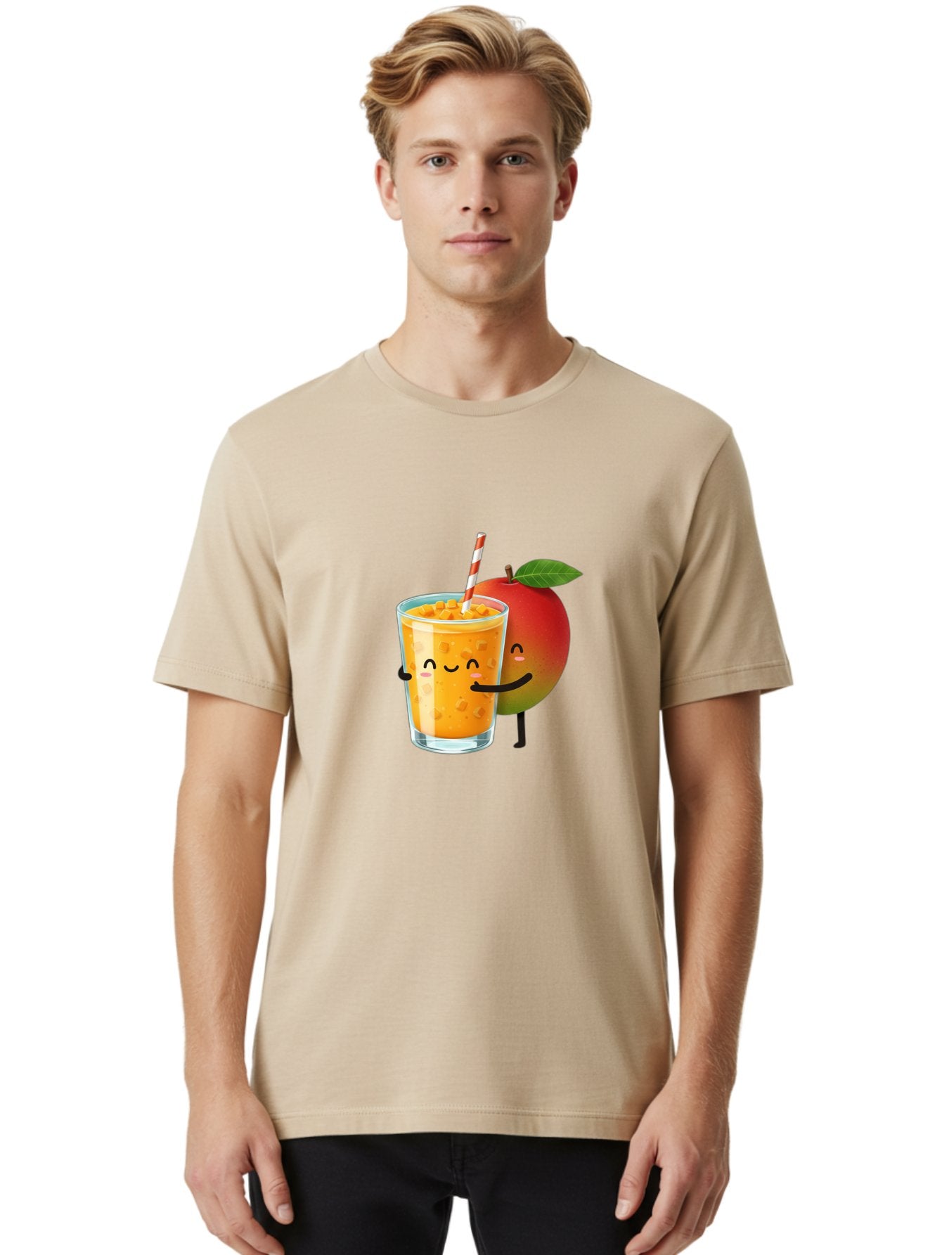 Mango-Juice-1 Men'S Graphic Tee, 100% Cotton, Comfortable Casual Summer Wear, Machine Washable, Cartoon Apple, Mango Juice, Refreshing Drink, Smiling Glass, Red And White Straw, Orange Beverage, Fruit Characters, Happy Face, Healthy Drink, Bac145 25