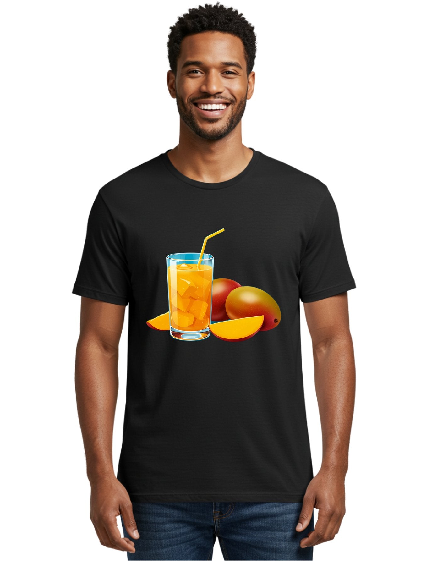 Mango-Juice-2 Men'S Graphic Tee, 100% Cotton, Comfortable Casual Summer Wear, Machine Washable, Mango Juice, Refreshing Drink, Cold Beverage, Tropical Fruit, Mango Chunks, Yellow Straw, Red Mango, Sliced Mango, Summer Drink Bac146 19