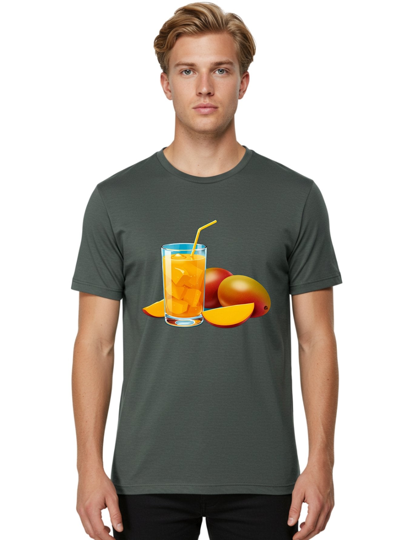 Mango-Juice-2 Men'S Graphic Tee, 100% Cotton, Comfortable Casual Summer Wear, Machine Washable, Mango Juice, Refreshing Drink, Cold Beverage, Tropical Fruit, Mango Chunks, Yellow Straw, Red Mango, Sliced Mango, Summer Drink Bac146 22