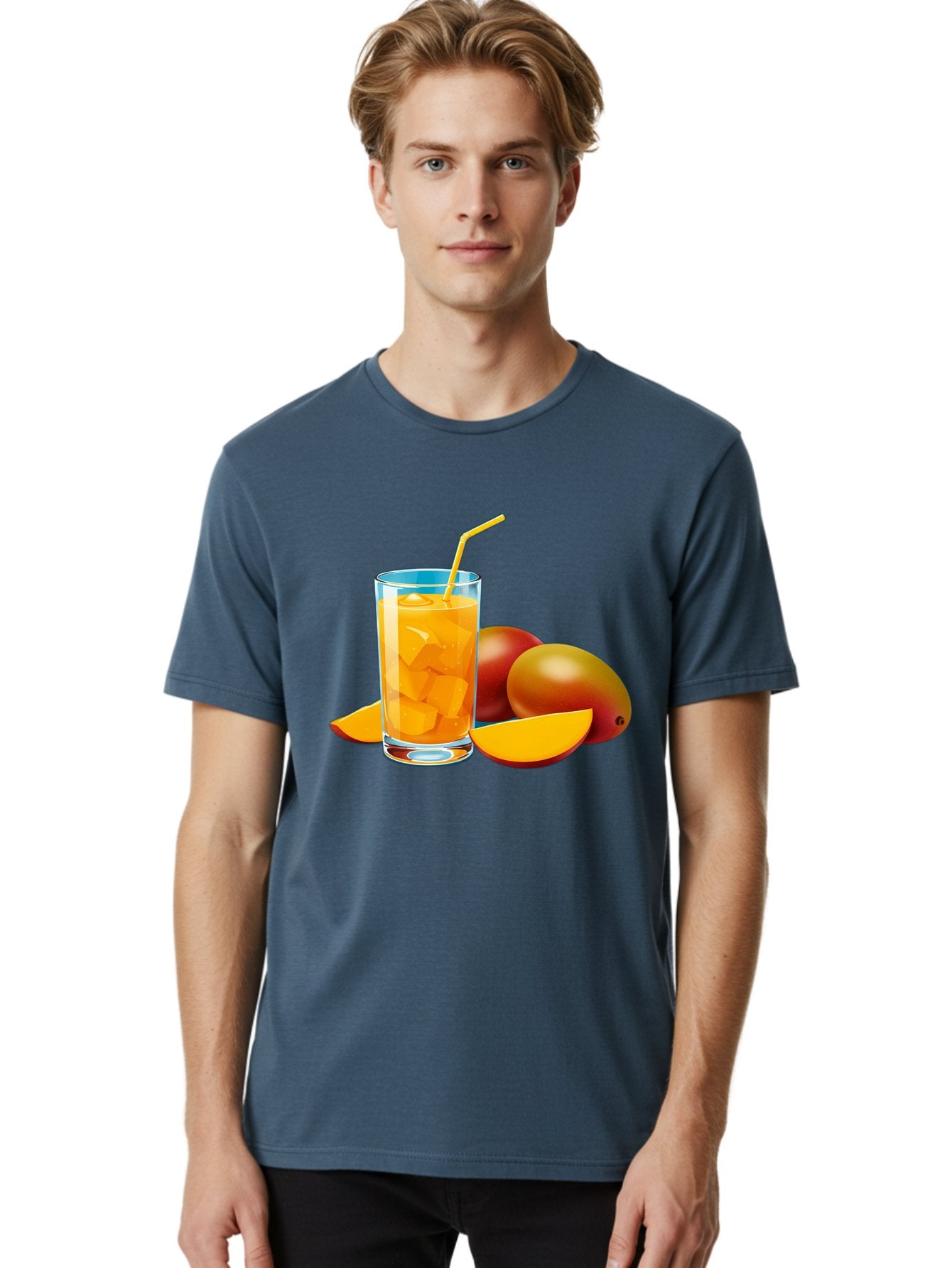 Mango-Juice-2 Men'S Graphic Tee, 100% Cotton, Comfortable Casual Summer Wear, Machine Washable, Mango Juice, Refreshing Drink, Cold Beverage, Tropical Fruit, Mango Chunks, Yellow Straw, Red Mango, Sliced Mango, Summer Drink Bac146 27