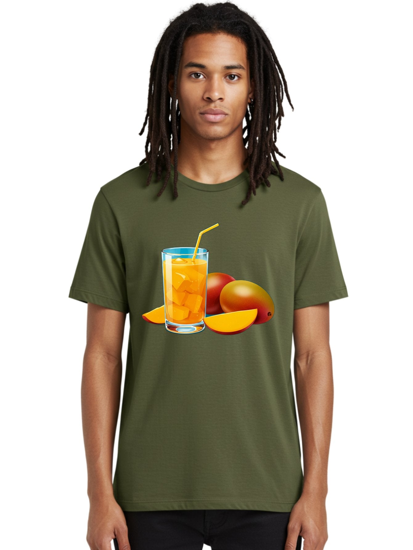 Mango-Juice-2 Men'S Graphic Tee, 100% Cotton, Comfortable Casual Summer Wear, Machine Washable, Mango Juice, Refreshing Drink, Cold Beverage, Tropical Fruit, Mango Chunks, Yellow Straw, Red Mango, Sliced Mango, Summer Drink Bac146 25