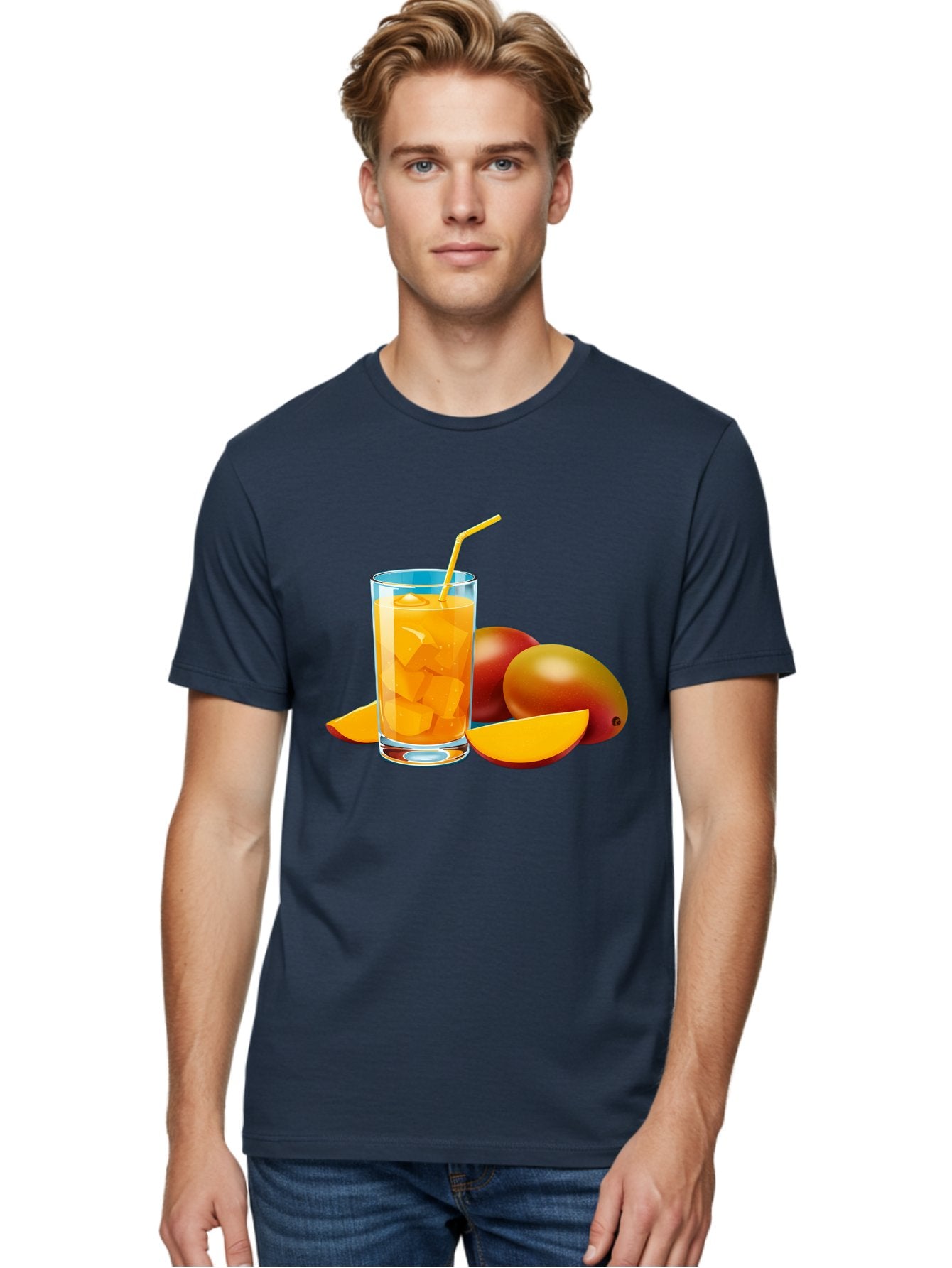 Mango-Juice-2 Men'S Graphic Tee, 100% Cotton, Comfortable Casual Summer Wear, Machine Washable, Mango Juice, Refreshing Drink, Cold Beverage, Tropical Fruit, Mango Chunks, Yellow Straw, Red Mango, Sliced Mango, Summer Drink Bac146 26