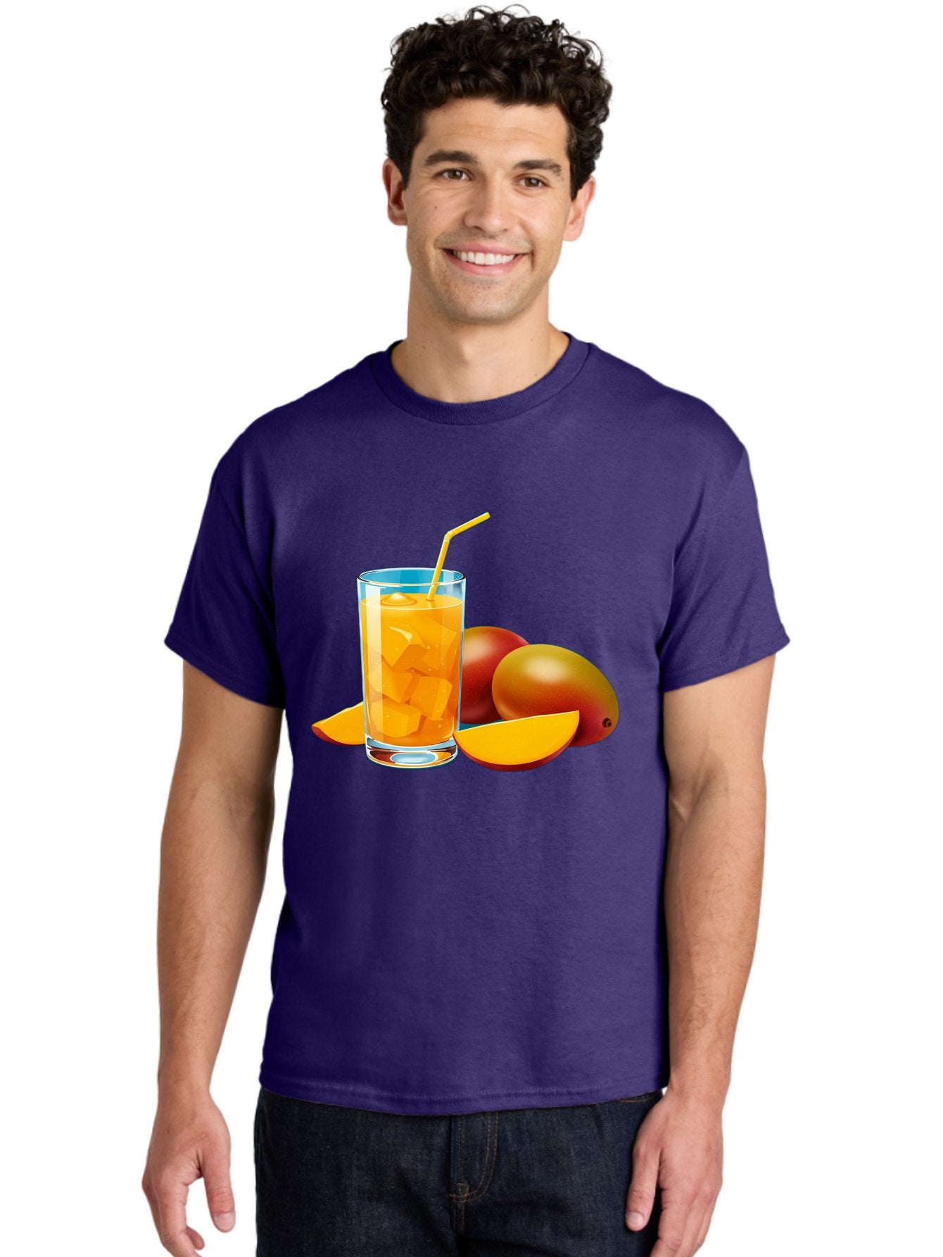 Mango-Juice-2 Men'S Graphic Tee, 100% Cotton, Comfortable Casual Summer Wear, Machine Washable, Mango Juice, Refreshing Drink, Cold Beverage, Tropical Fruit, Mango Chunks, Yellow Straw, Red Mango, Sliced Mango, Summer Drink Bac146 28